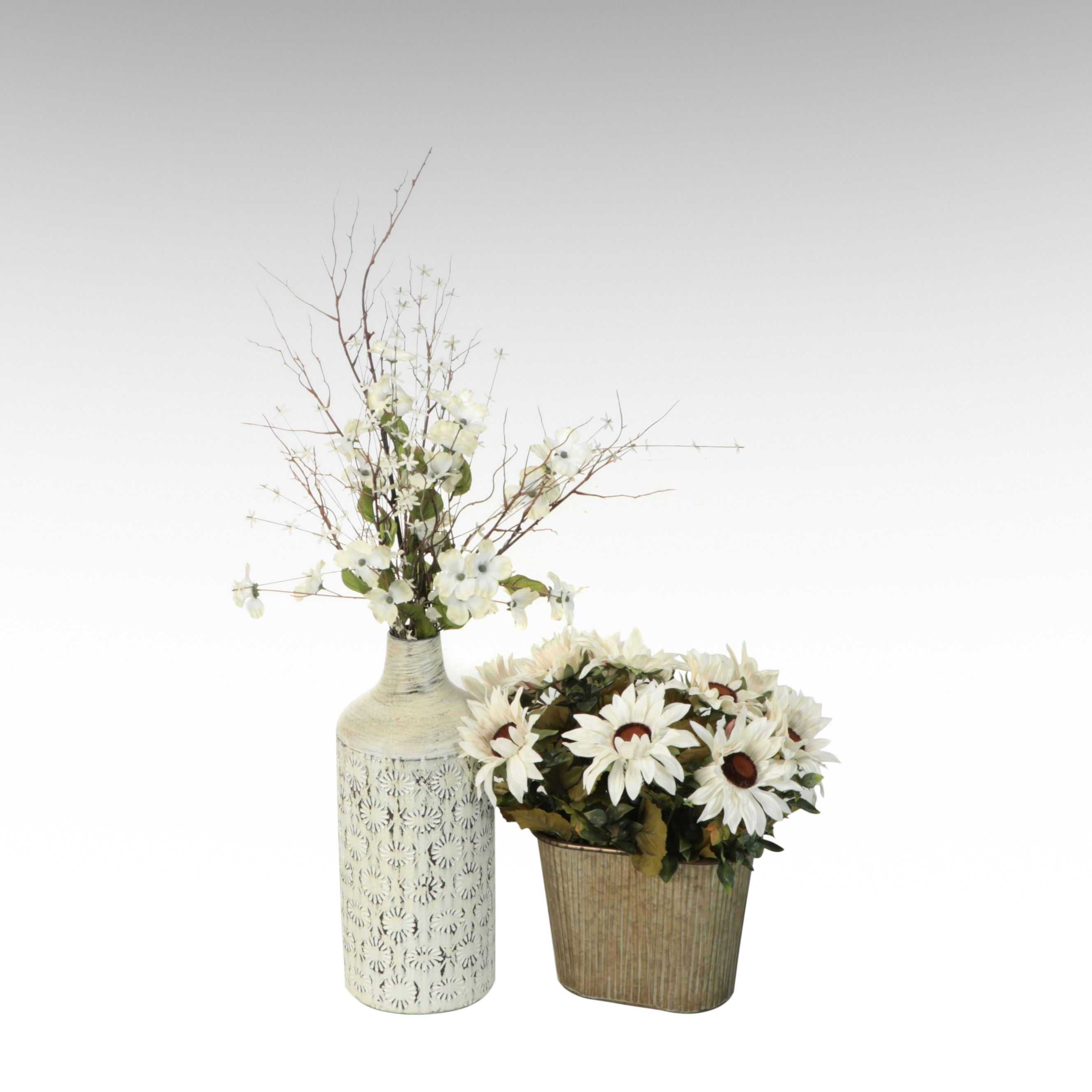 Artificial Flower Arrangements in Metal Canisters