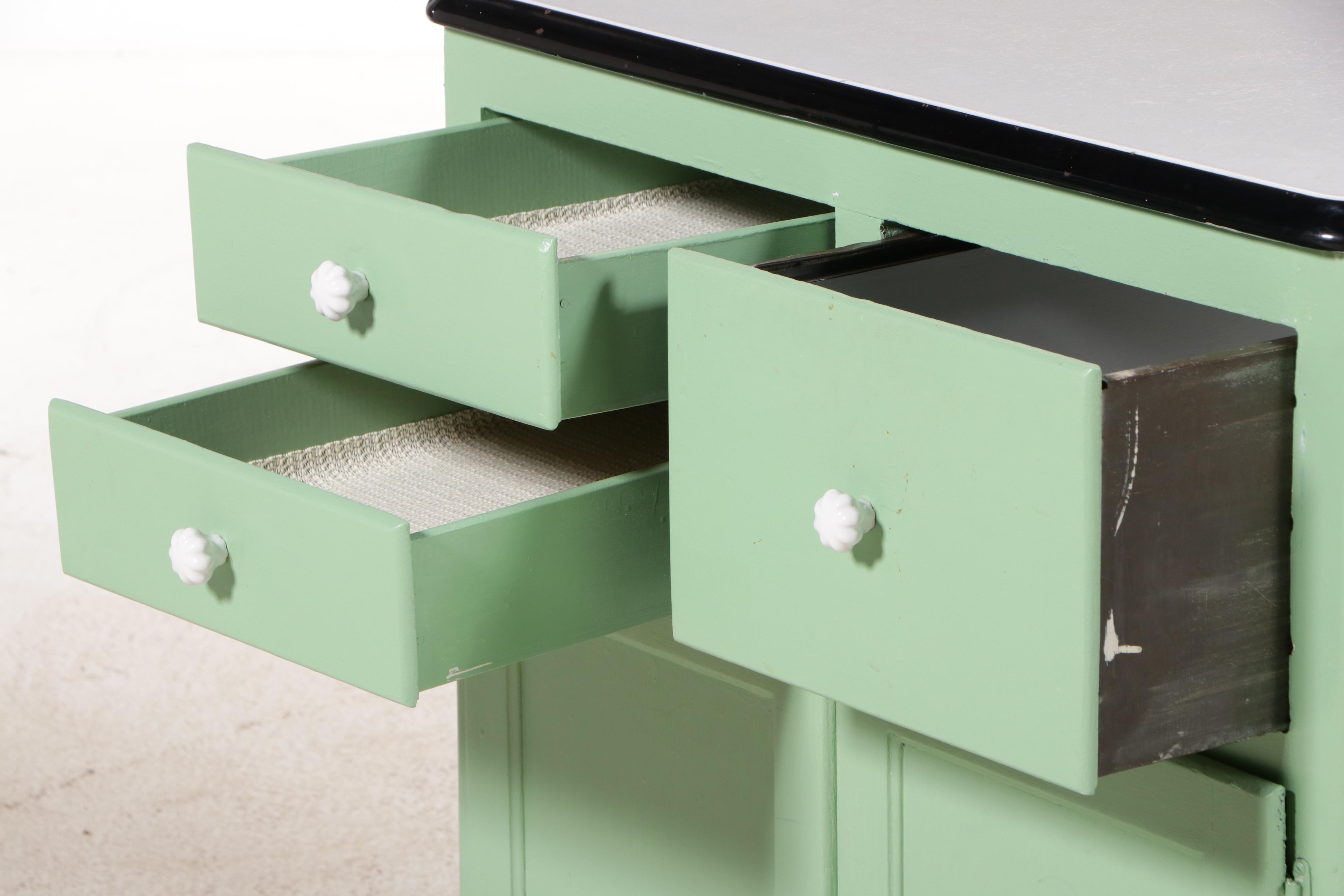 Art Deco Enameled Metal and Wood Kitchen Cabinet, Early to Mid-20th C.