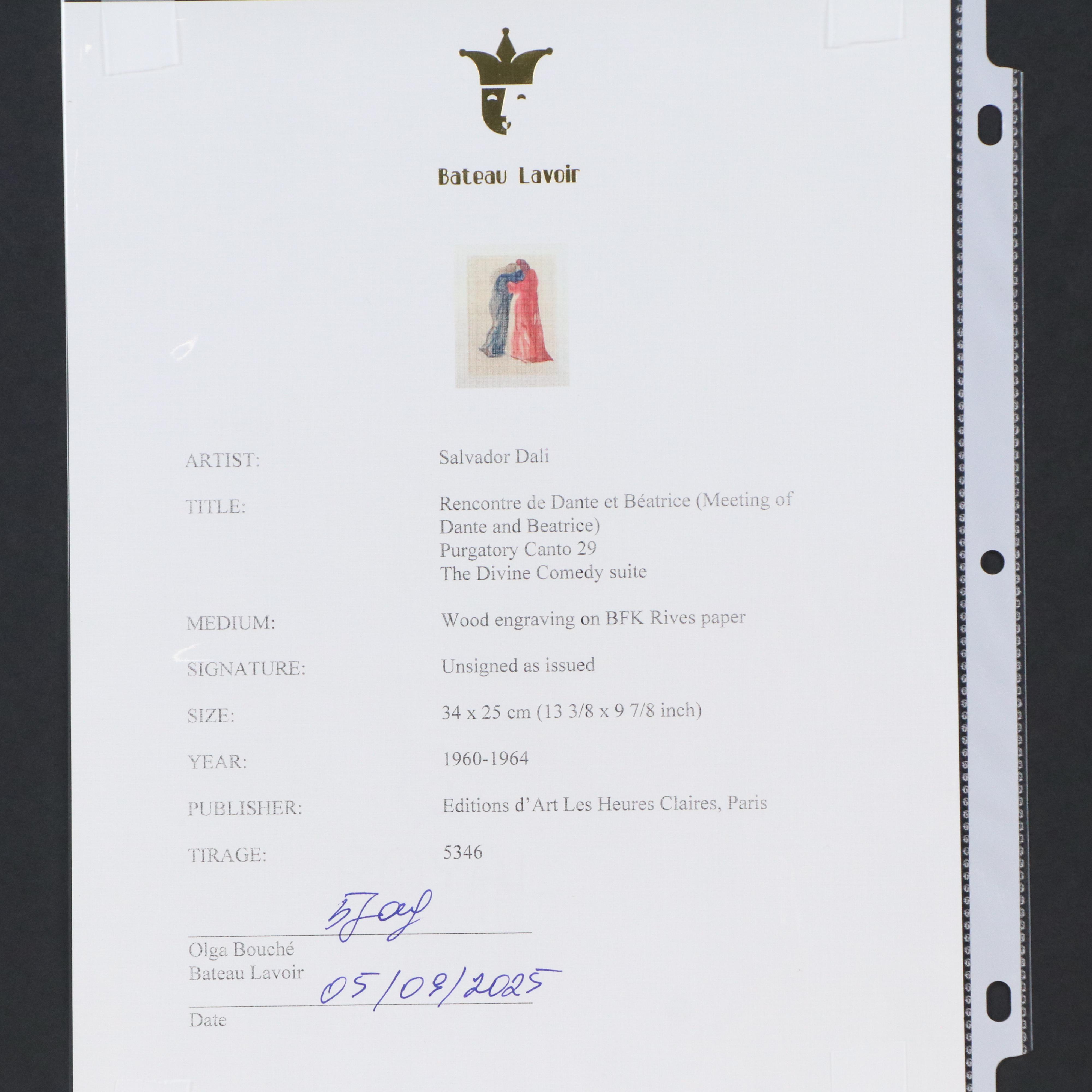 Salvador Dalí Wood Engraving "Rencontre de Dante et Béatrice," 1960-64