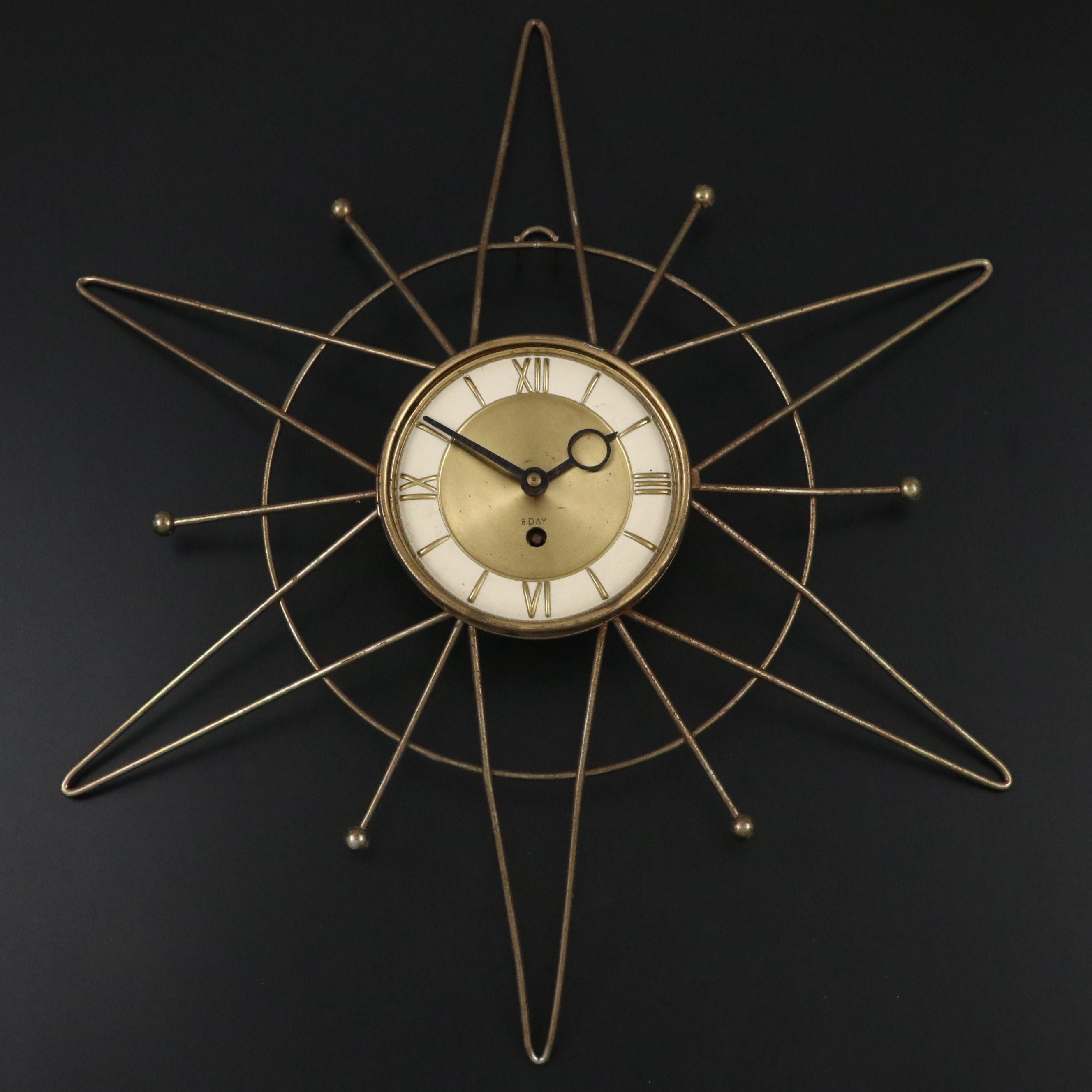Mid Century Modern 8-Day Atomic Starburst Wall Clock, Mid-20th Century