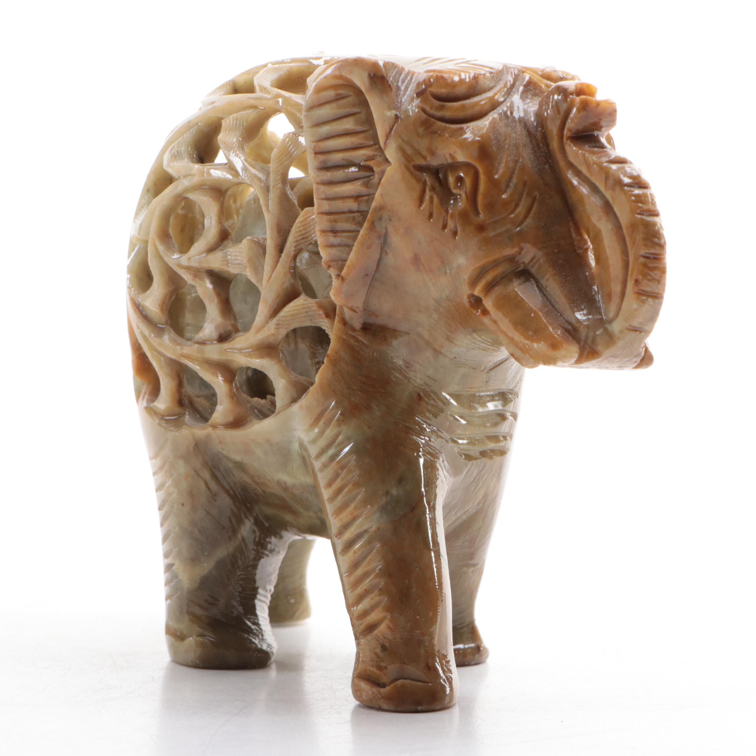 Indian Hand-Carved Soapstone Elephant Jali Figurine