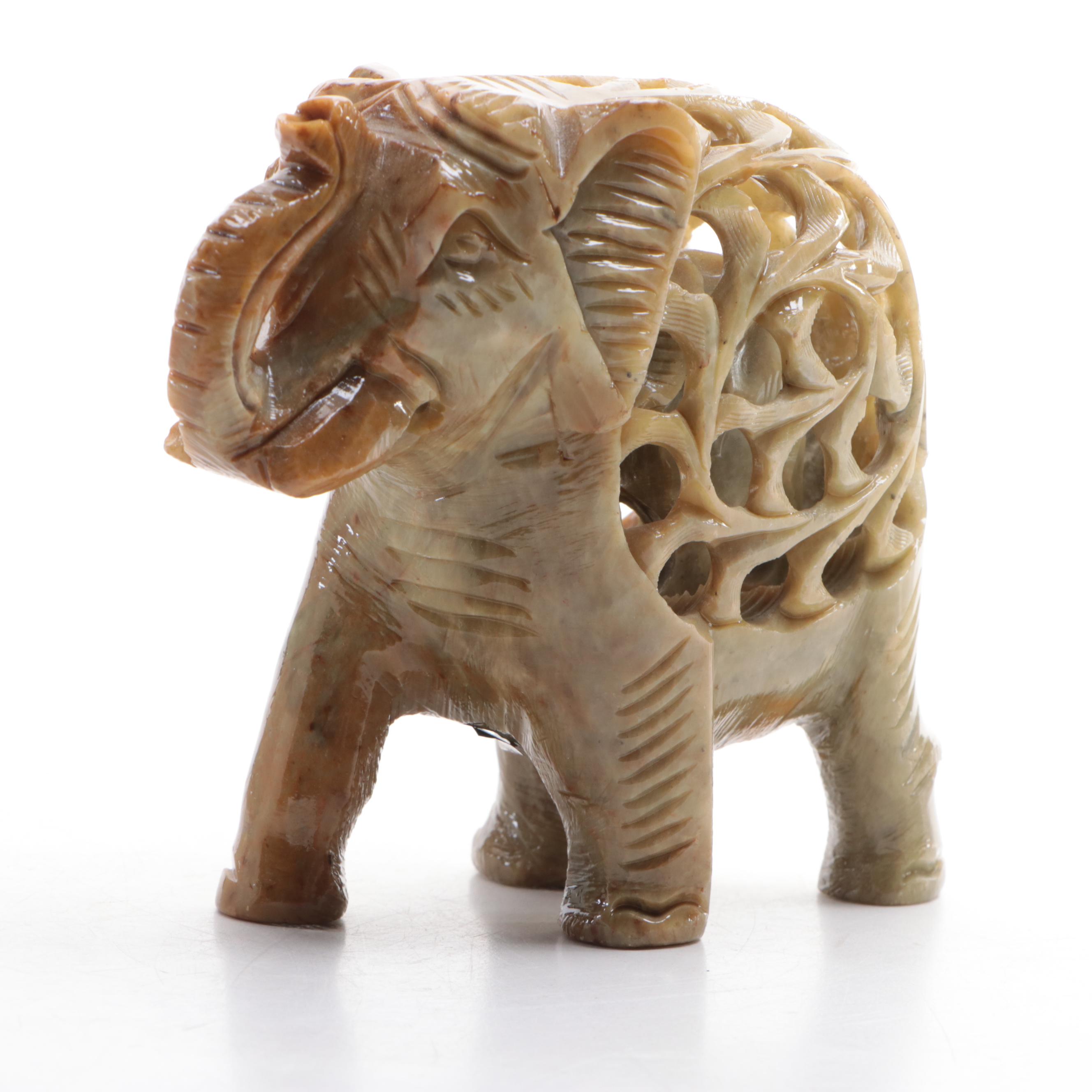 Indian Hand-Carved Soapstone Elephant Jali Figurine