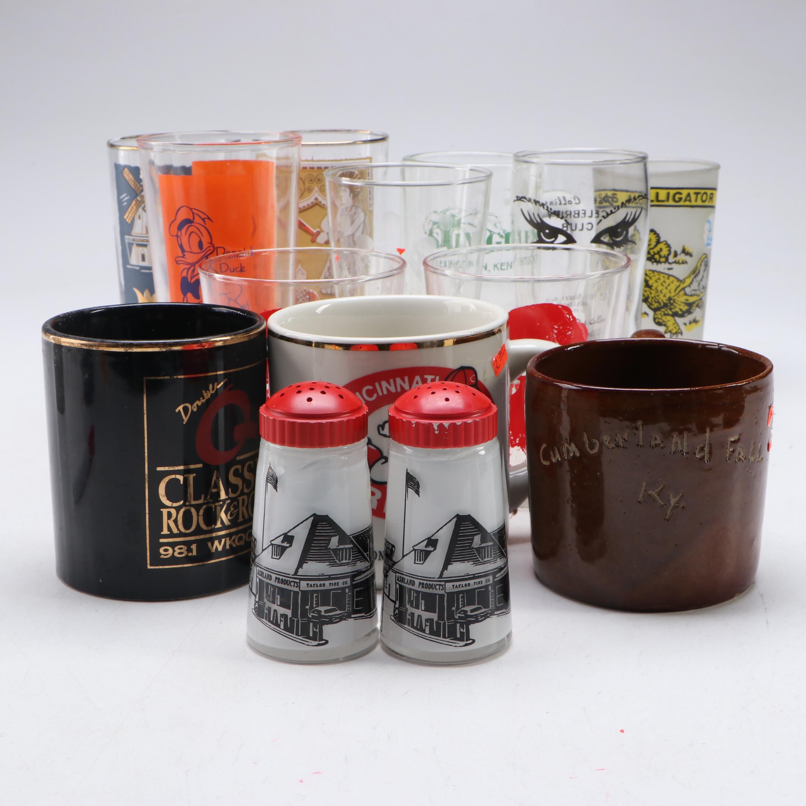 Assorted Souvenir Glasses, Mugs and Salt and Pepper Shaker Pair