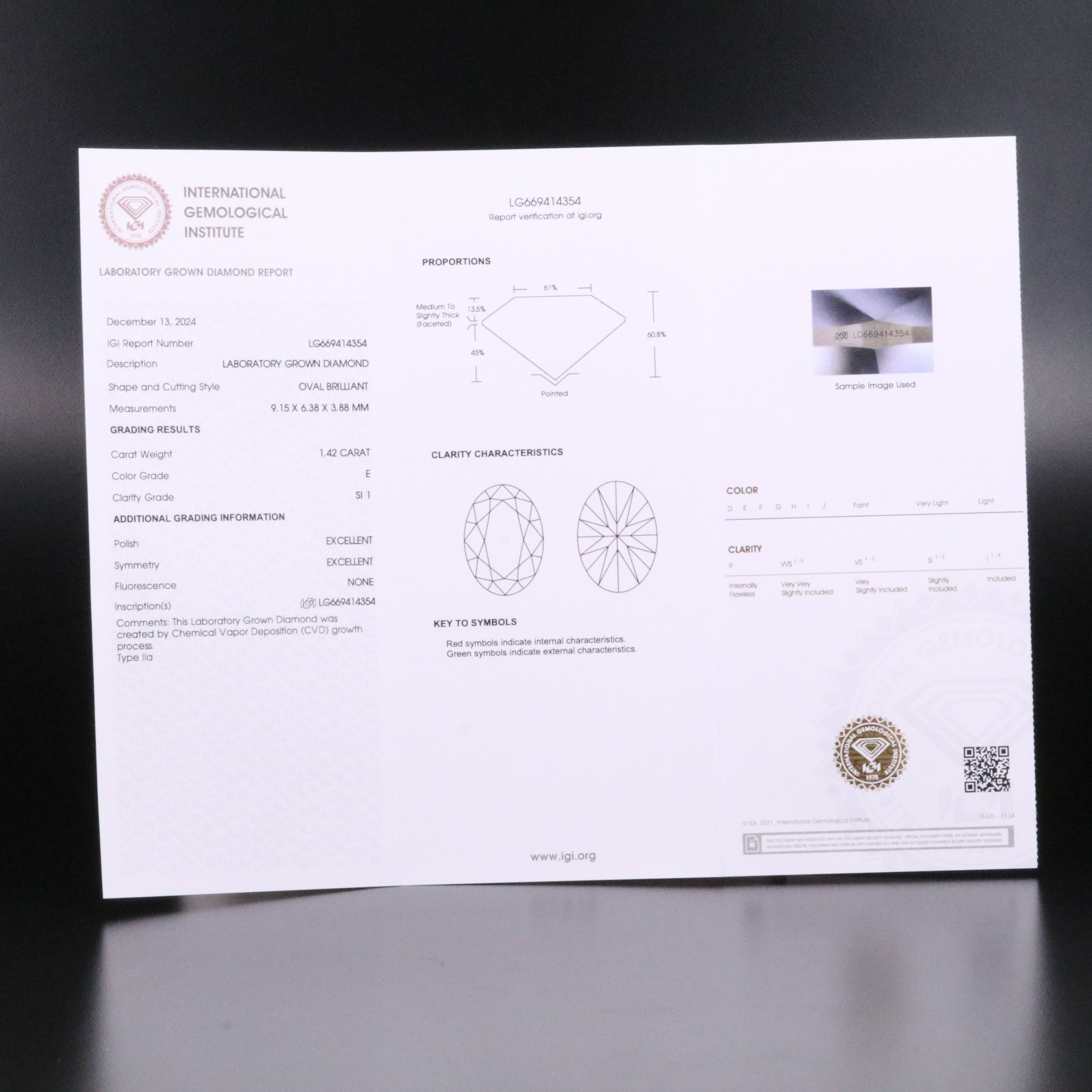 Loose 1.42 CT Lab Grown Diamond with IGI Report