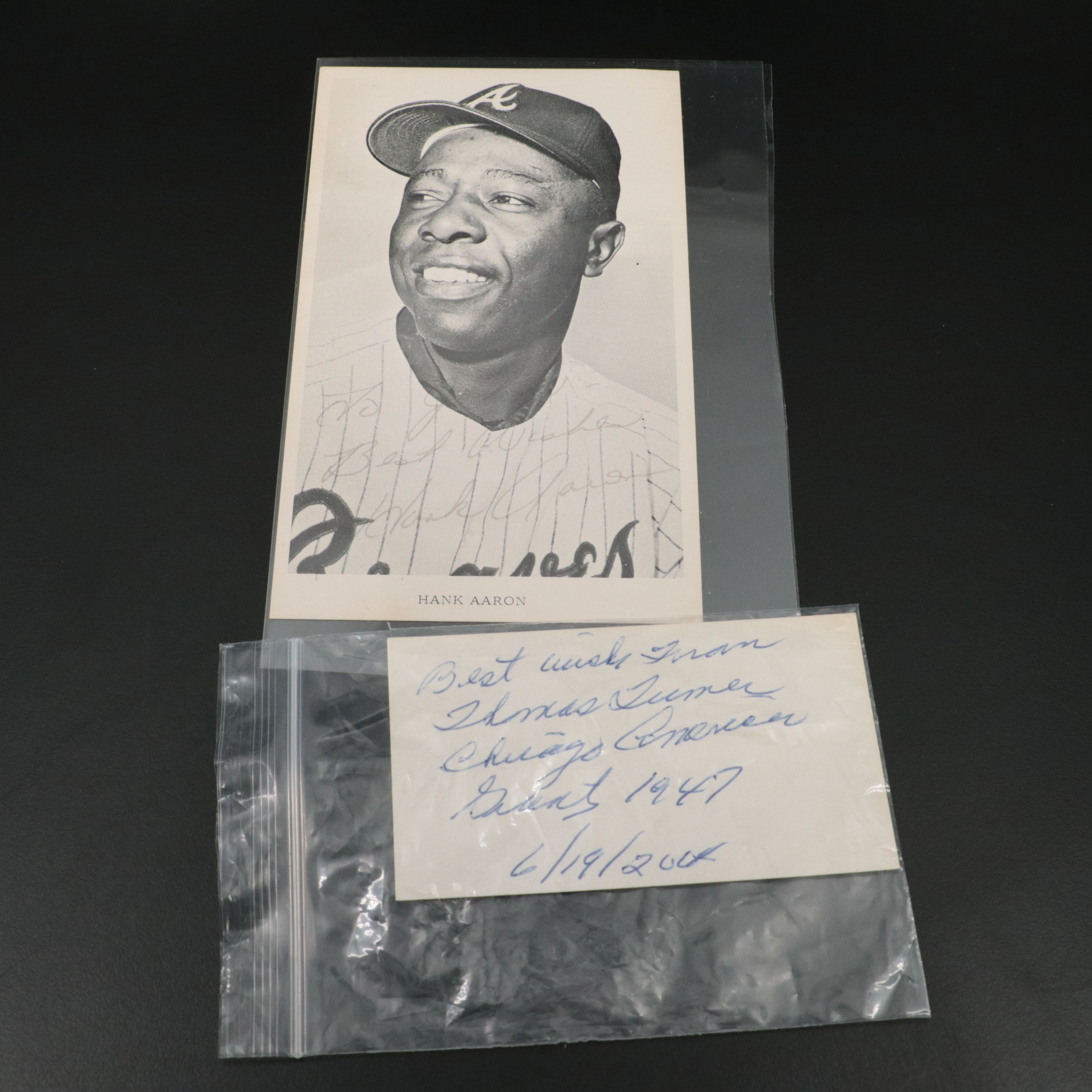 Hank Aaron Signed Photo and Thomas Turner Signature, Baseball Negro League