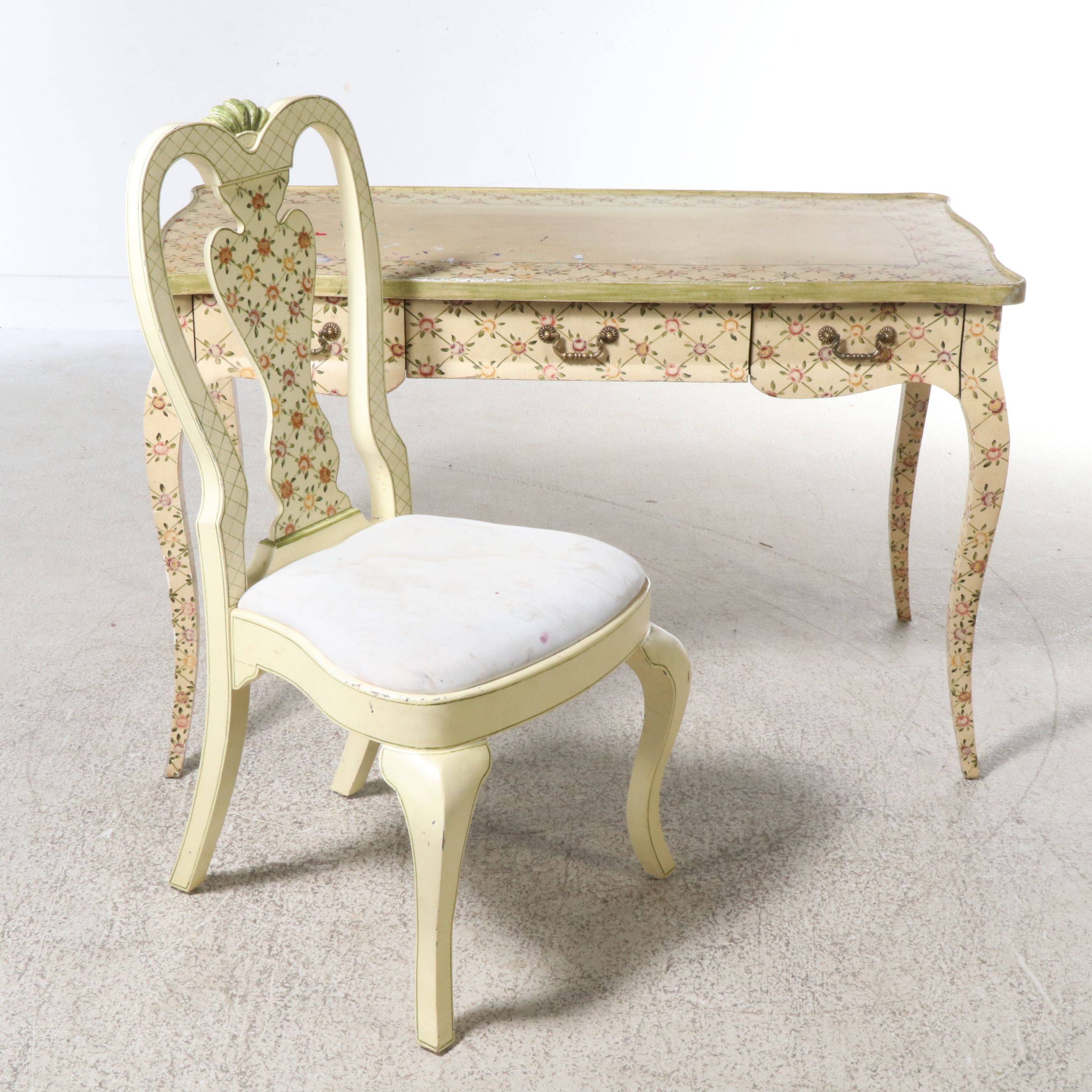 Ardley Hall Queen Anne Style Painted Wood Writing Desk and Chair
