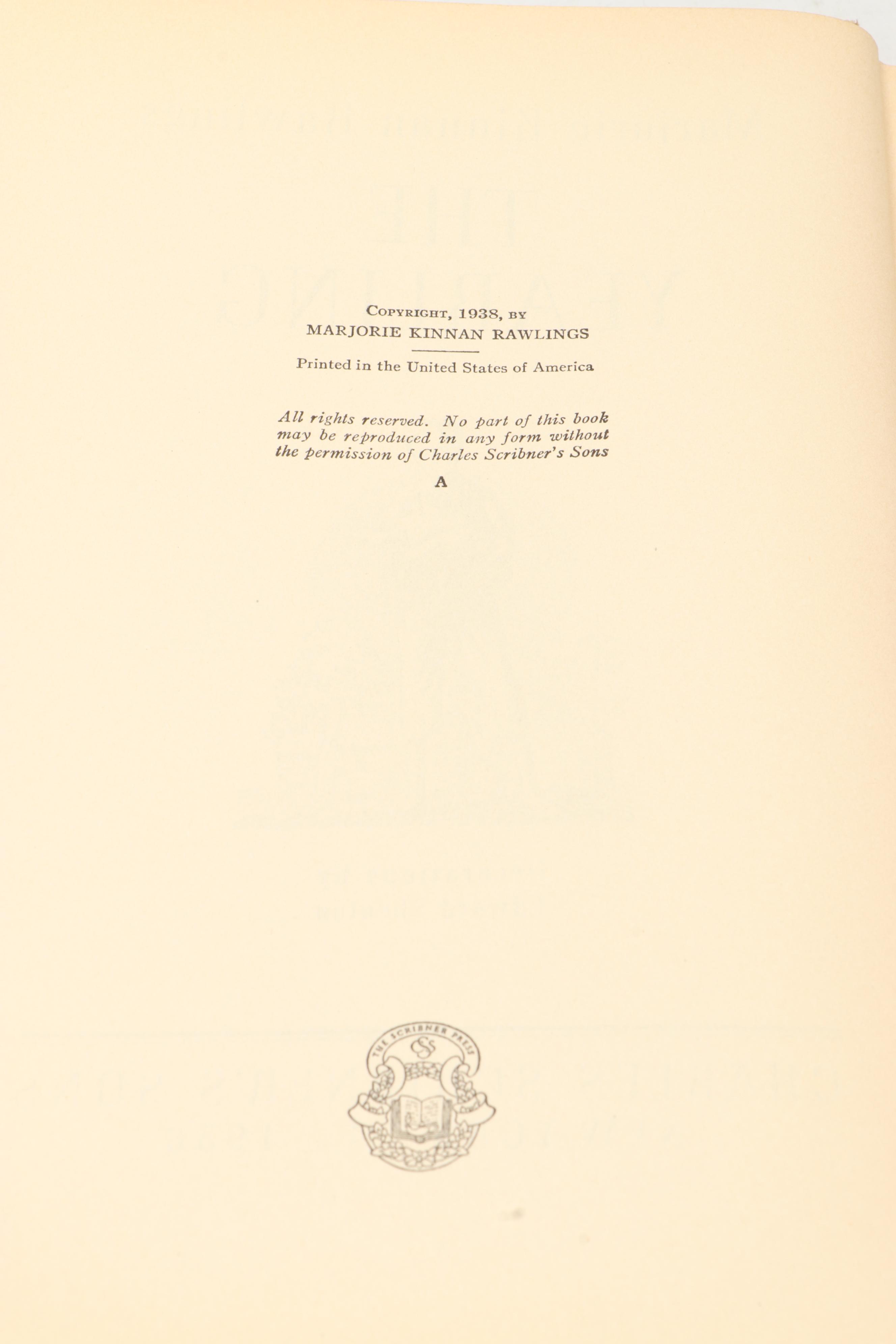 First Edition "The Yearling" by Marjorie Kinnan Rawlings, 1938