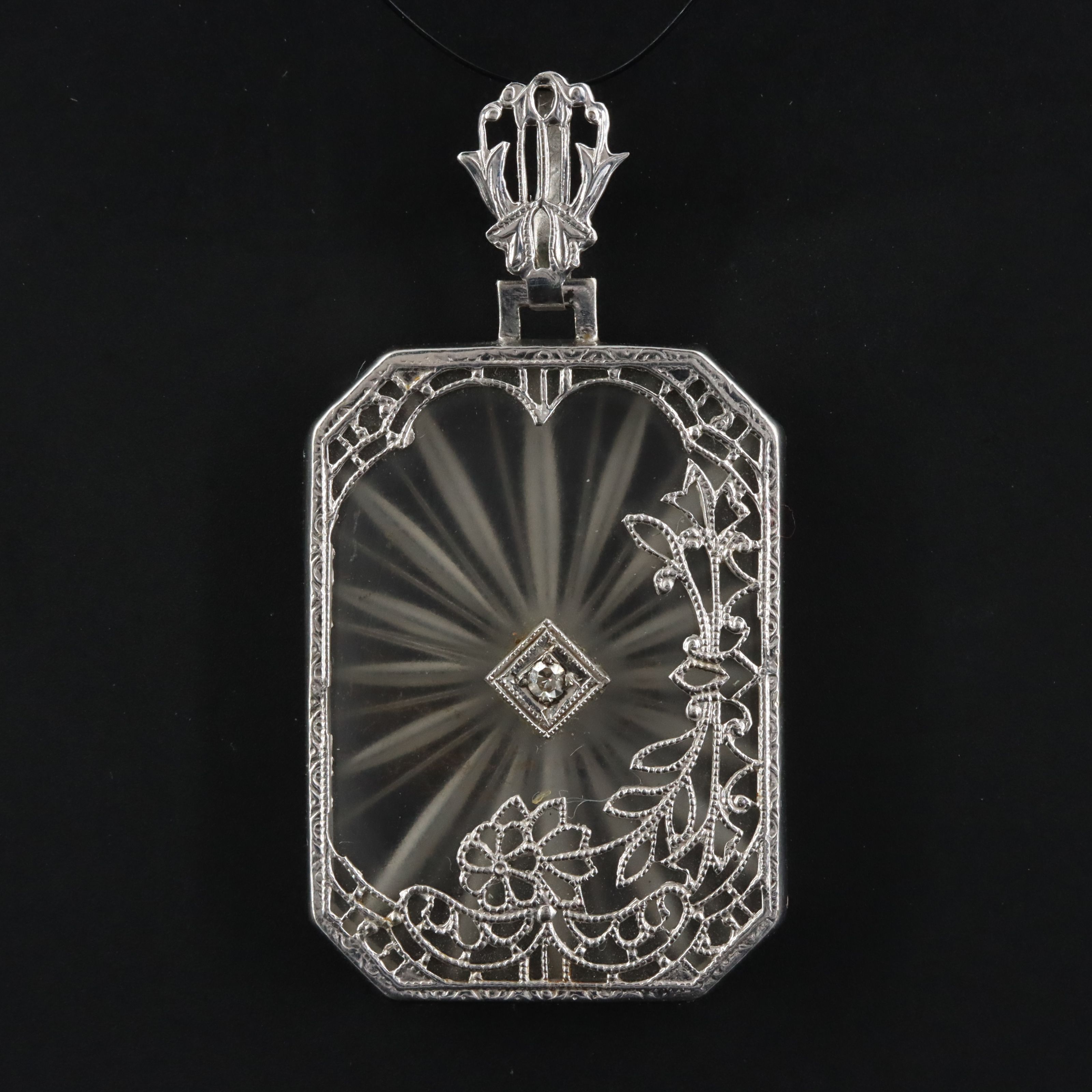 Vintage 14K Quartz and Diamond Filigree Pendant