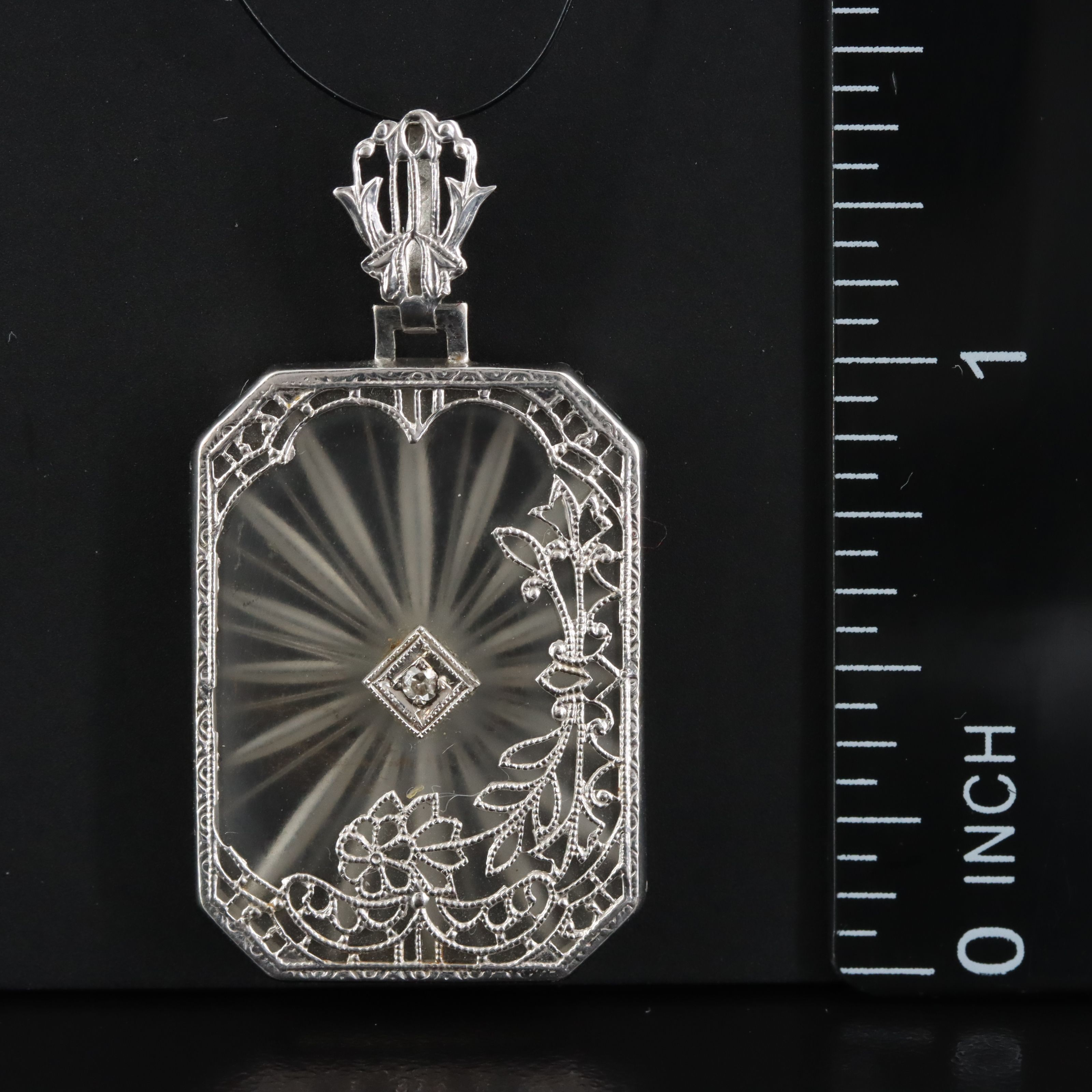 Vintage 14K Quartz and Diamond Filigree Pendant