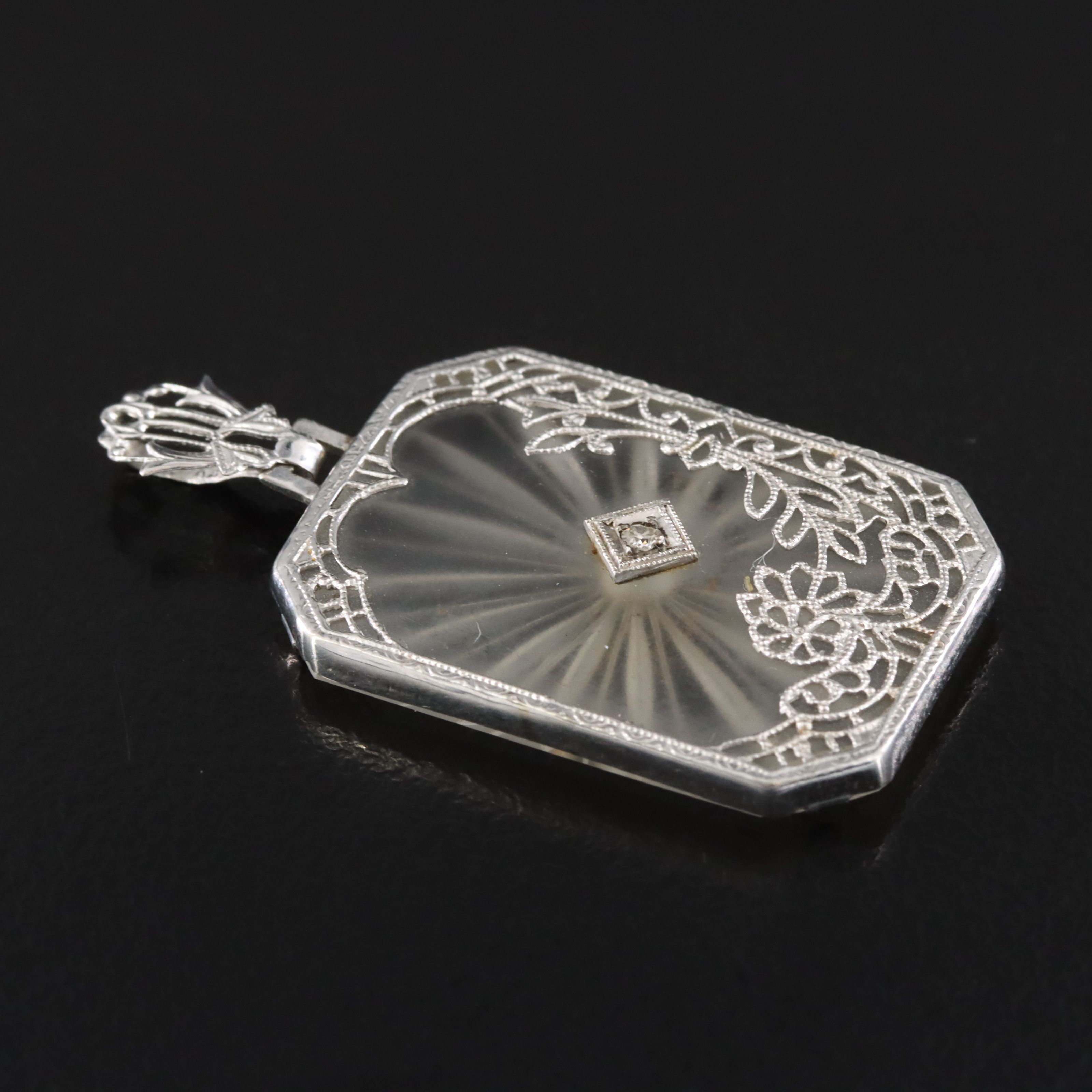 Vintage 14K Quartz and Diamond Filigree Pendant