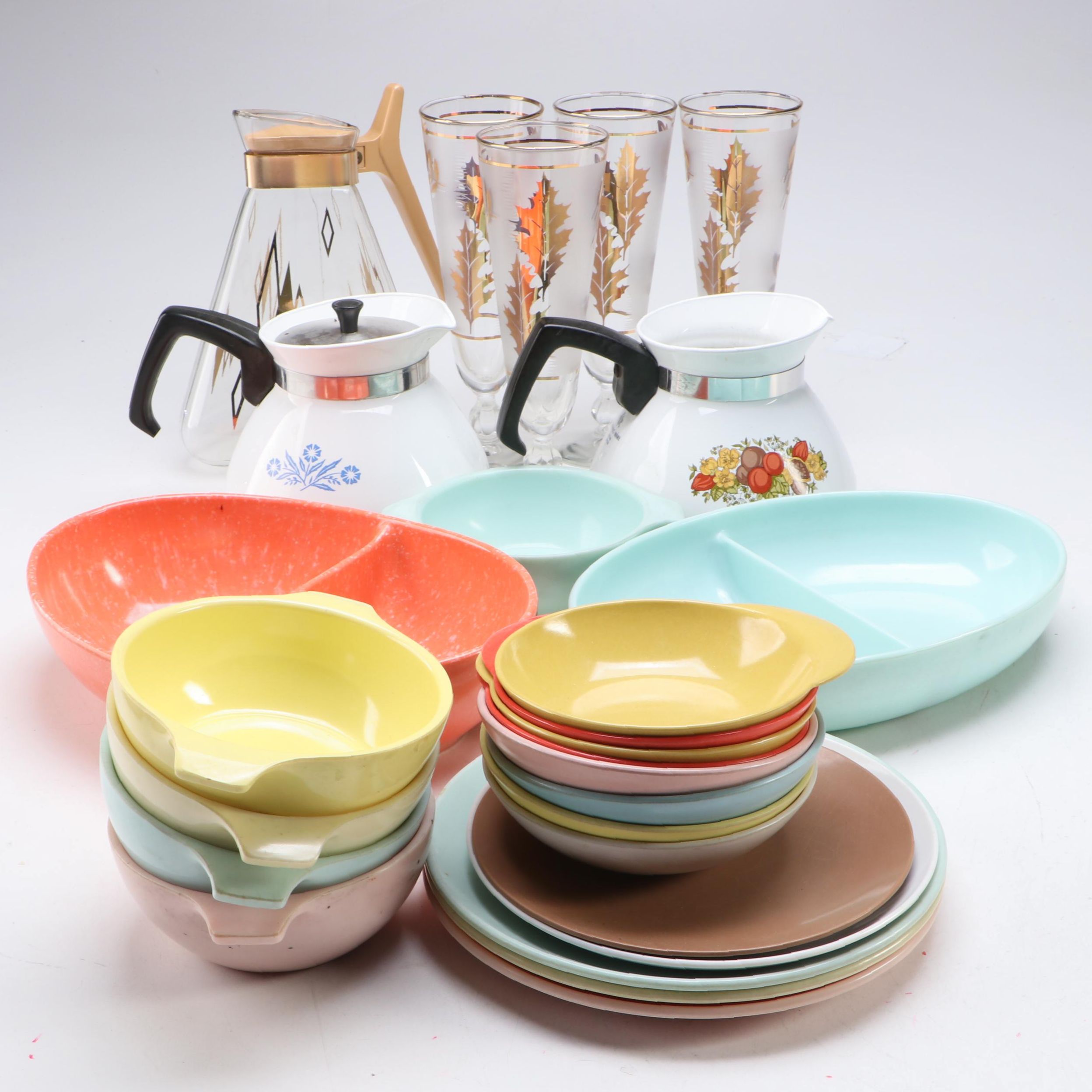 Libbey "Golden Foliage" Pilsner Glasses with Coffee Pots and Melamine Dinnerware