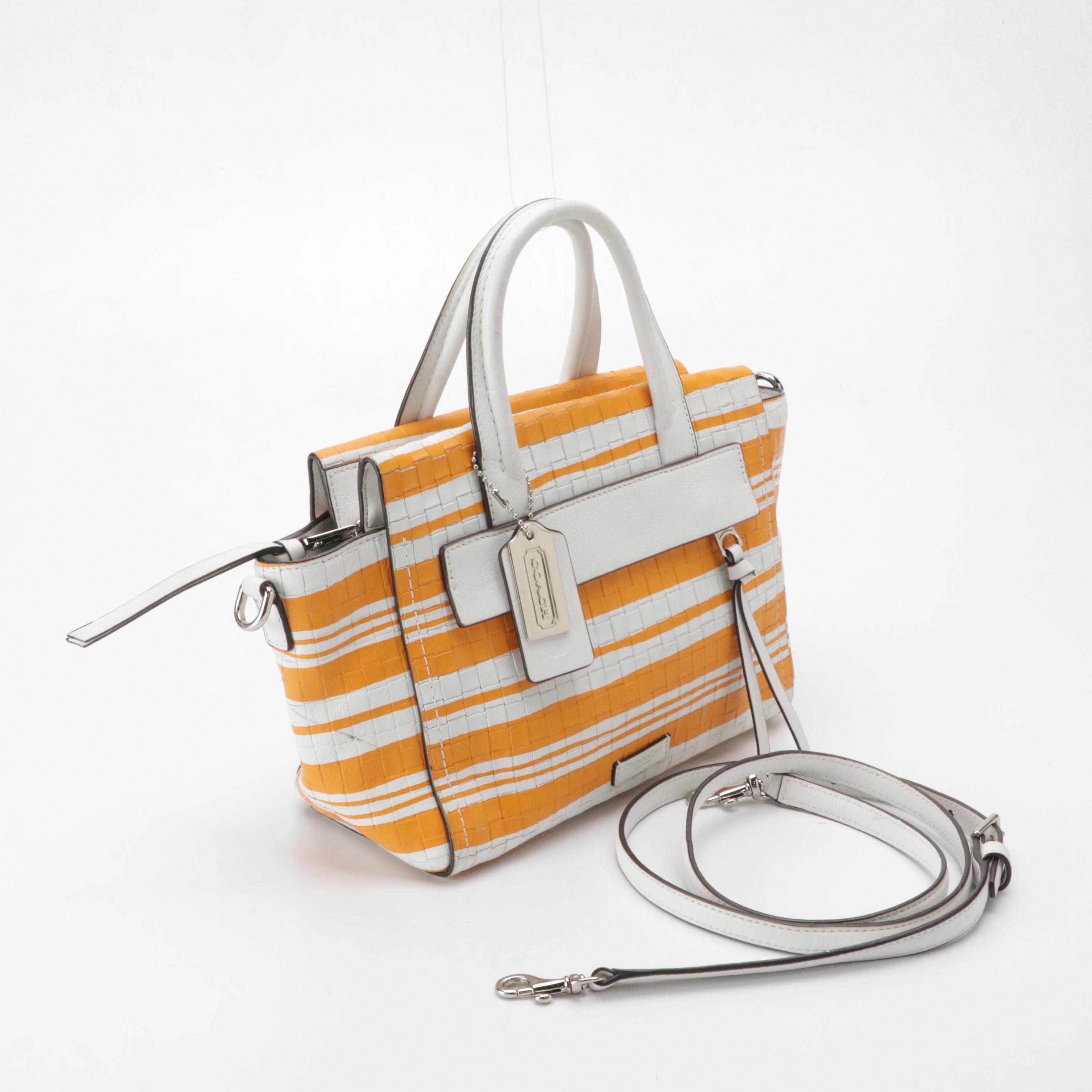 Coach Bleeker Mini Riley Carryall Satchel in Orange Striped and Embossed Leather