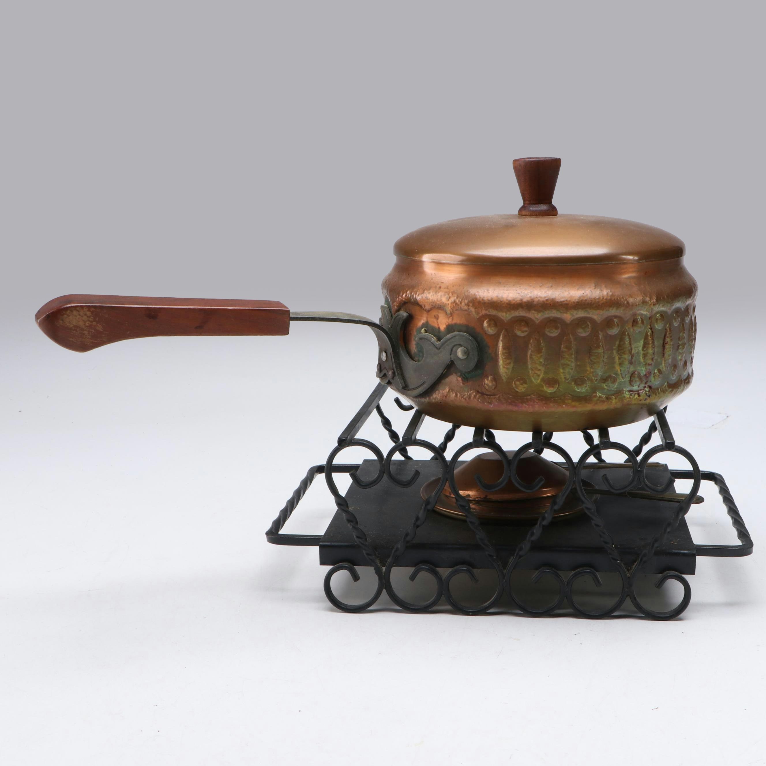 Copper Veneer Fondue Pot Set with Wrought Metal Burner Stand