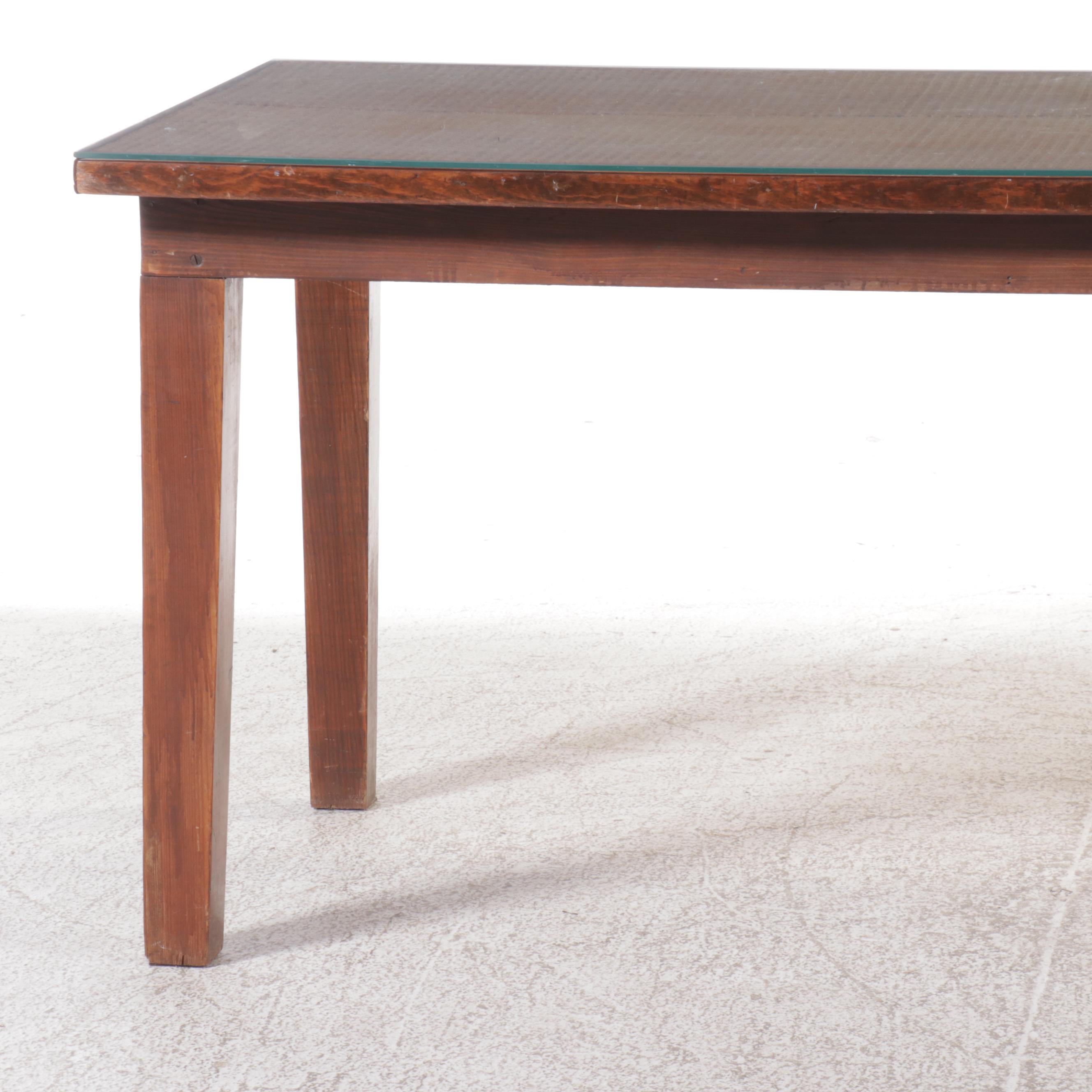 Pine and Rattan Dining Table with Glass Top, 20th Century