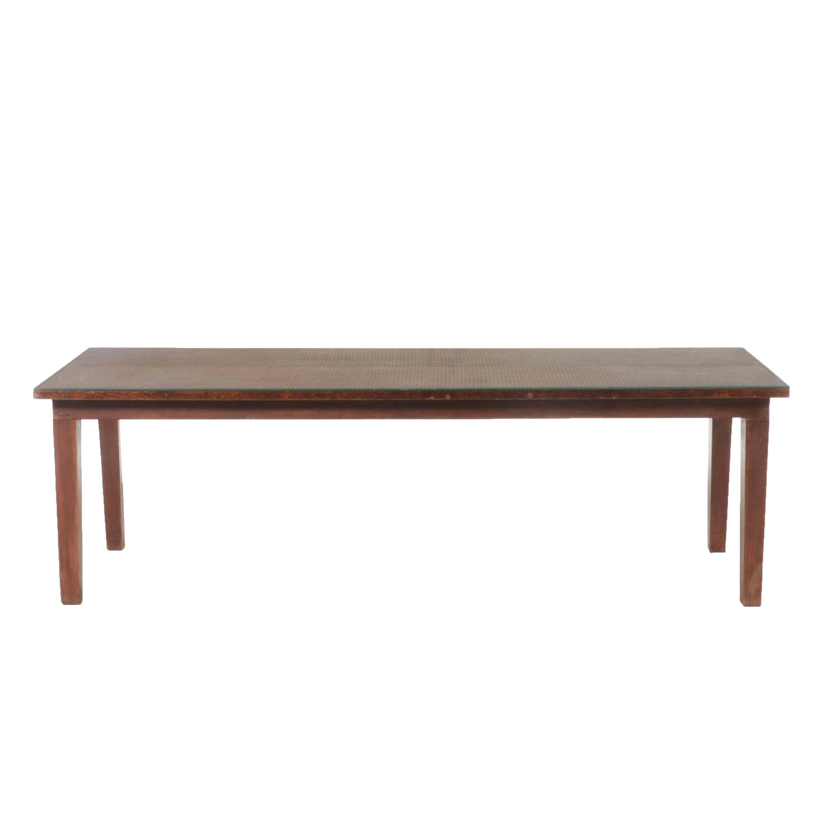 Pine and Rattan Dining Table with Glass Top, 20th Century