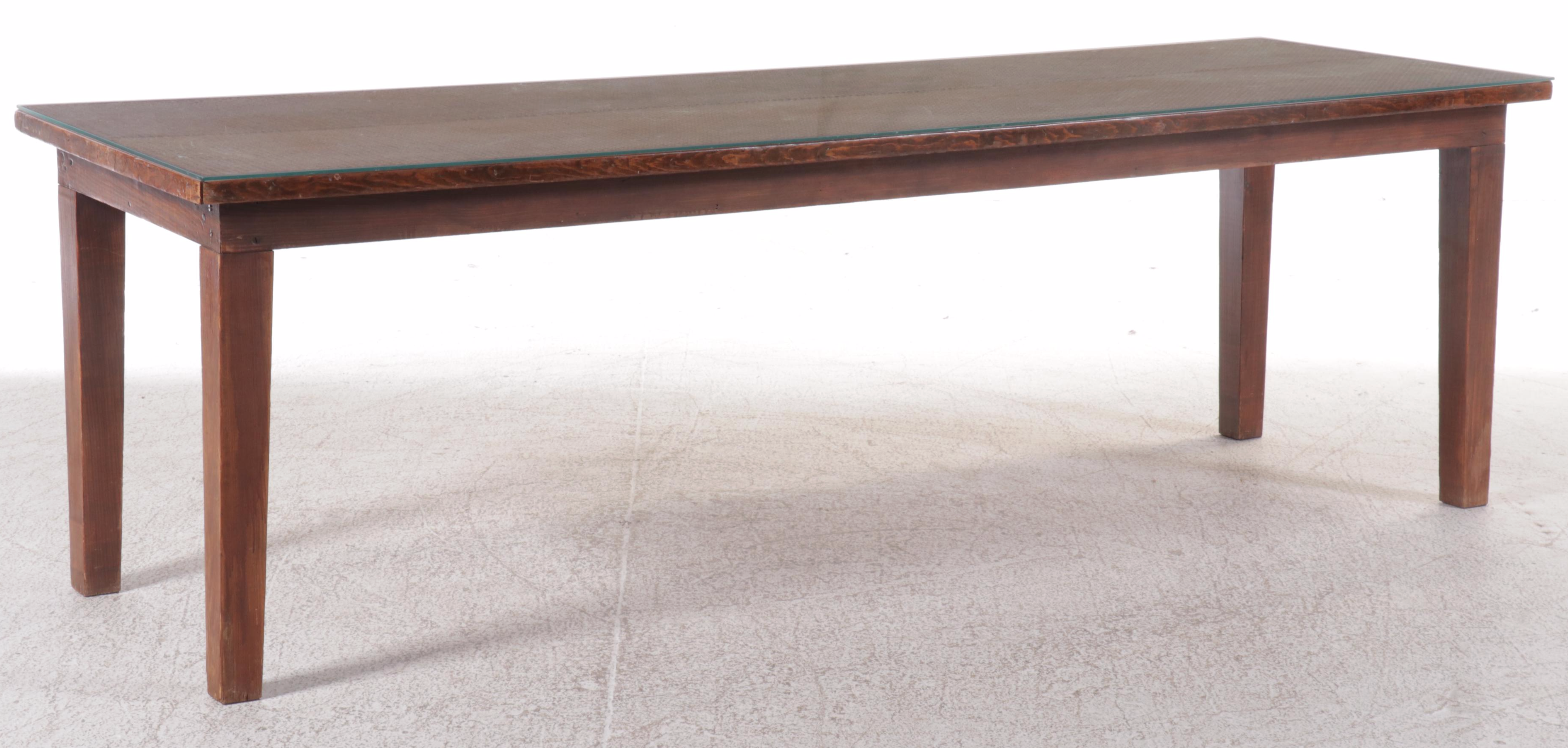 Pine and Rattan Dining Table with Glass Top, 20th Century