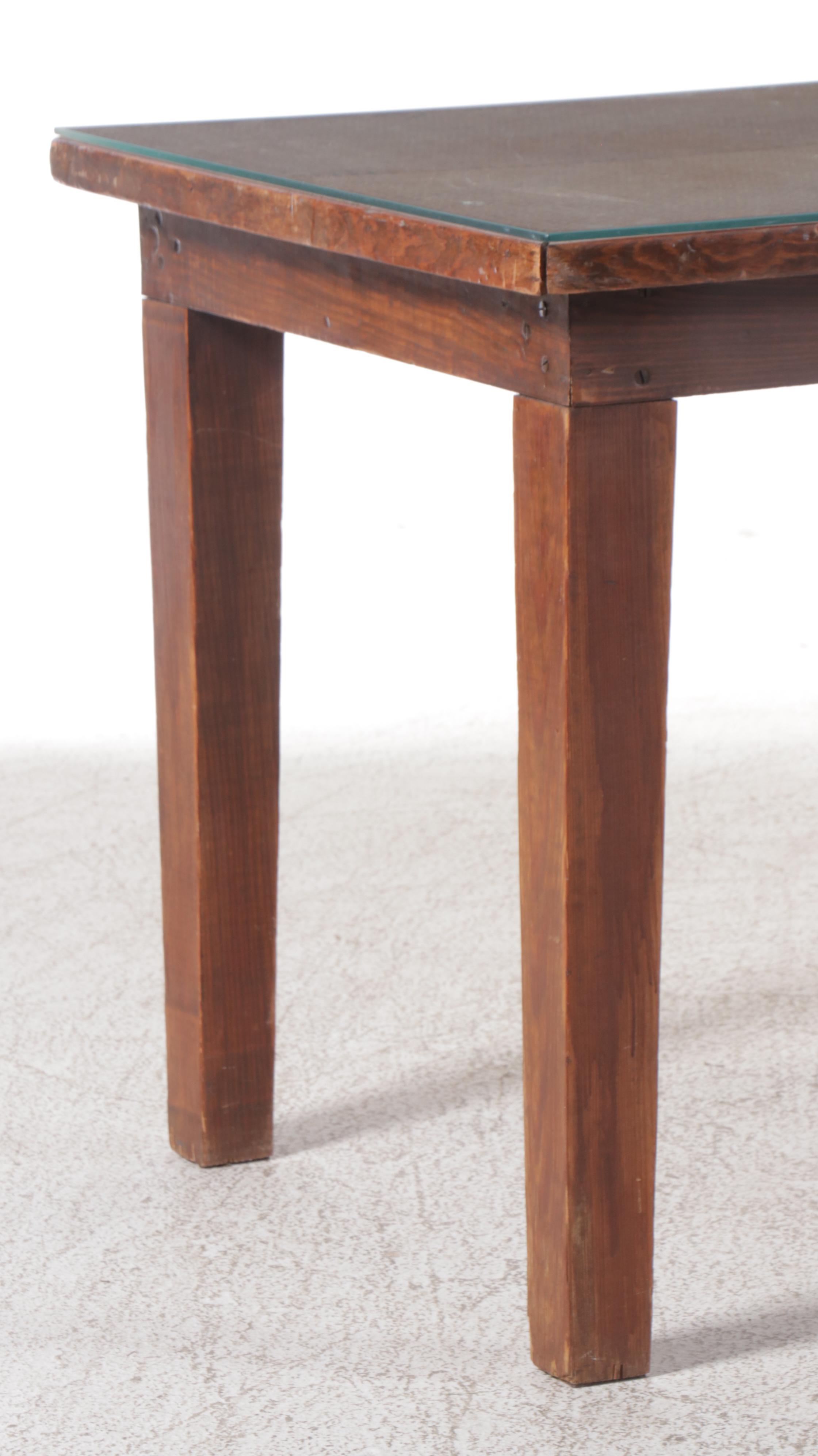 Pine and Rattan Dining Table with Glass Top, 20th Century