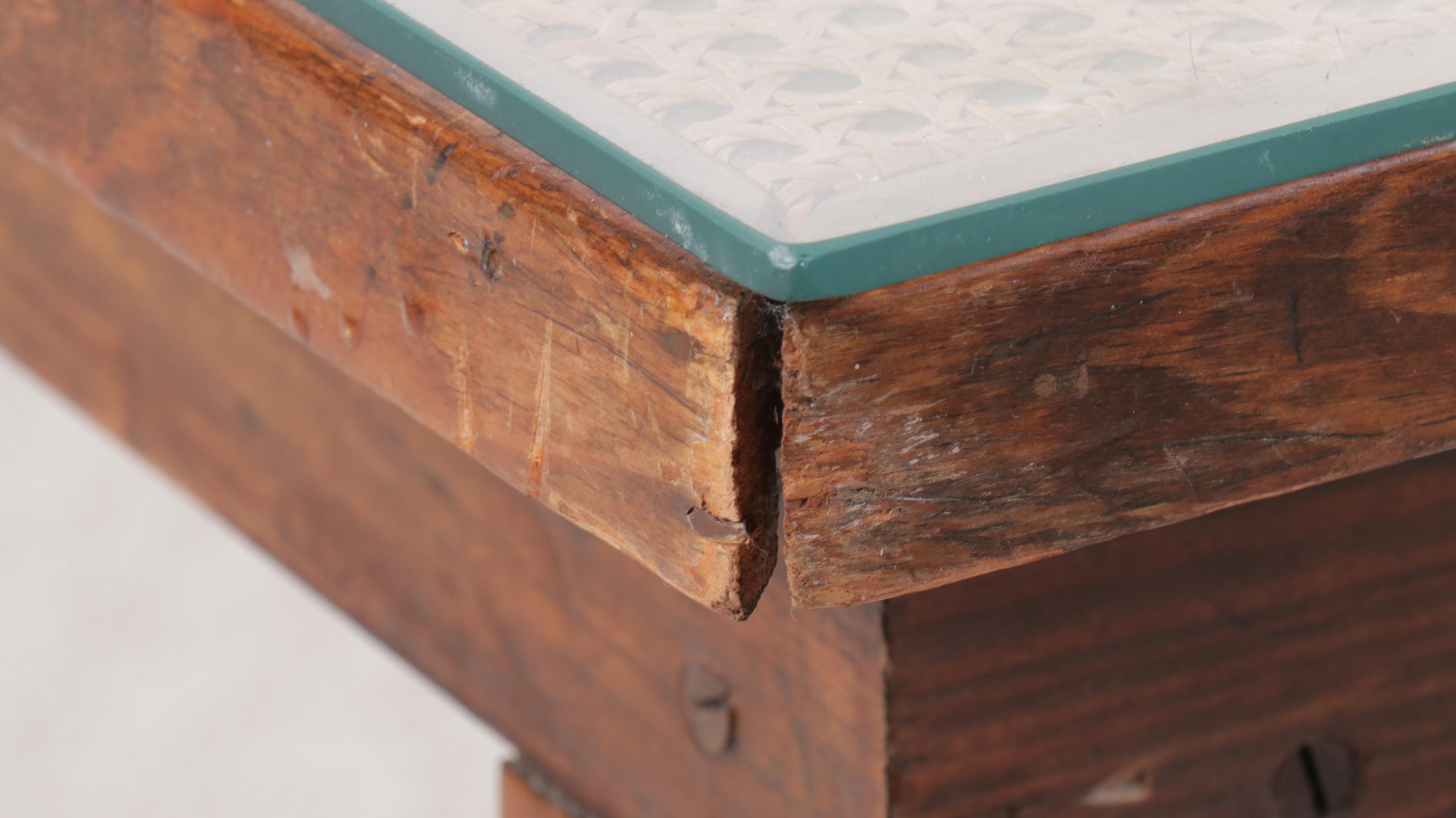 Pine and Rattan Dining Table with Glass Top, 20th Century