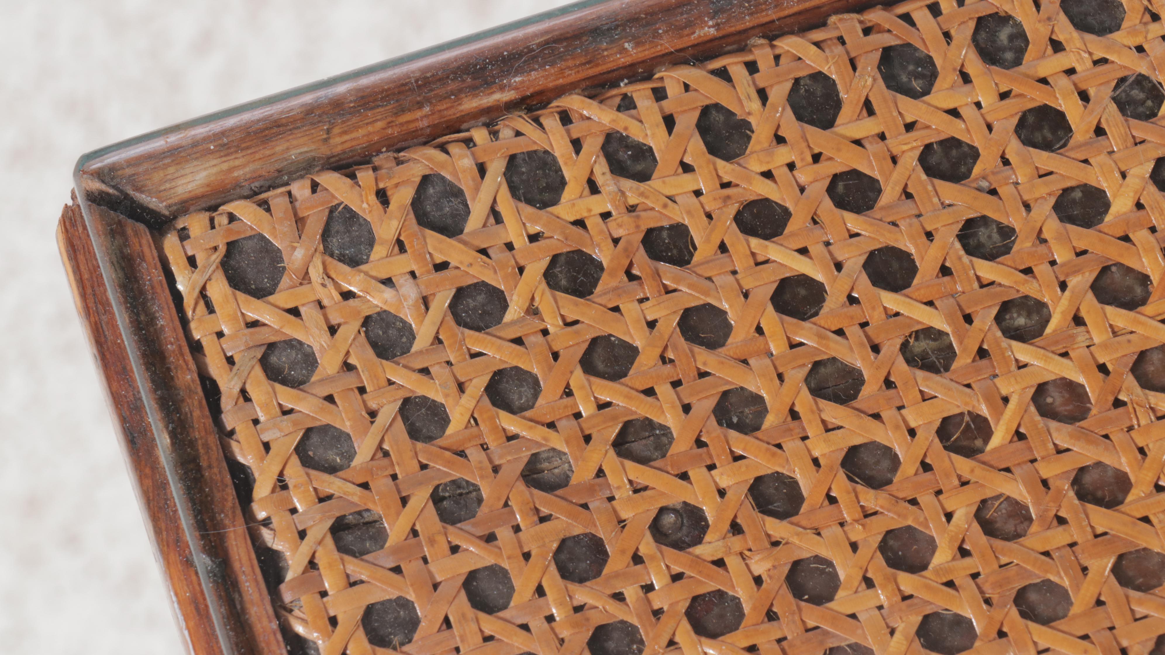 Pine and Rattan Dining Table with Glass Top, 20th Century