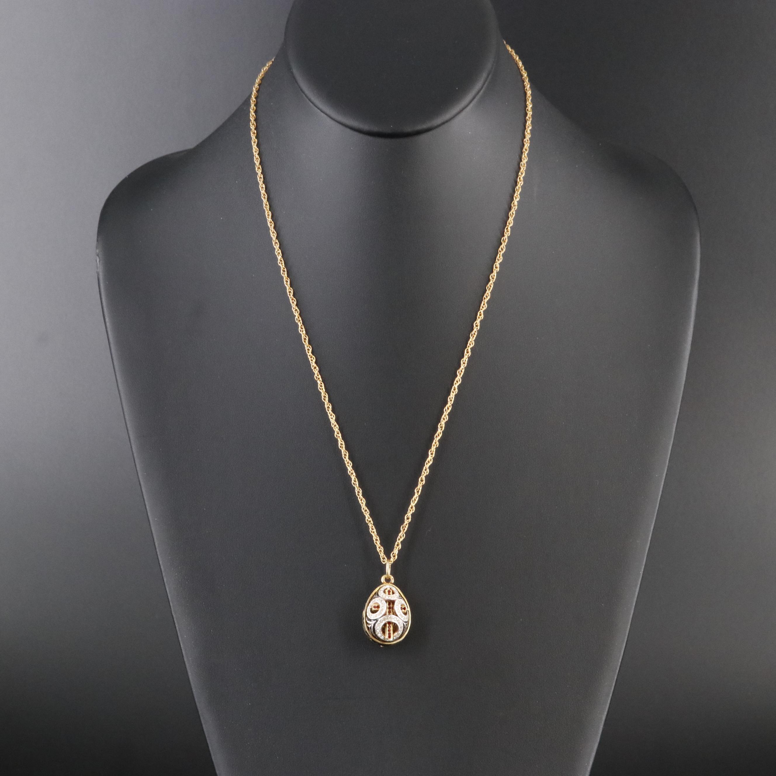 Sterling Enamel and Rhinestone Egg Cross Pendant Necklace