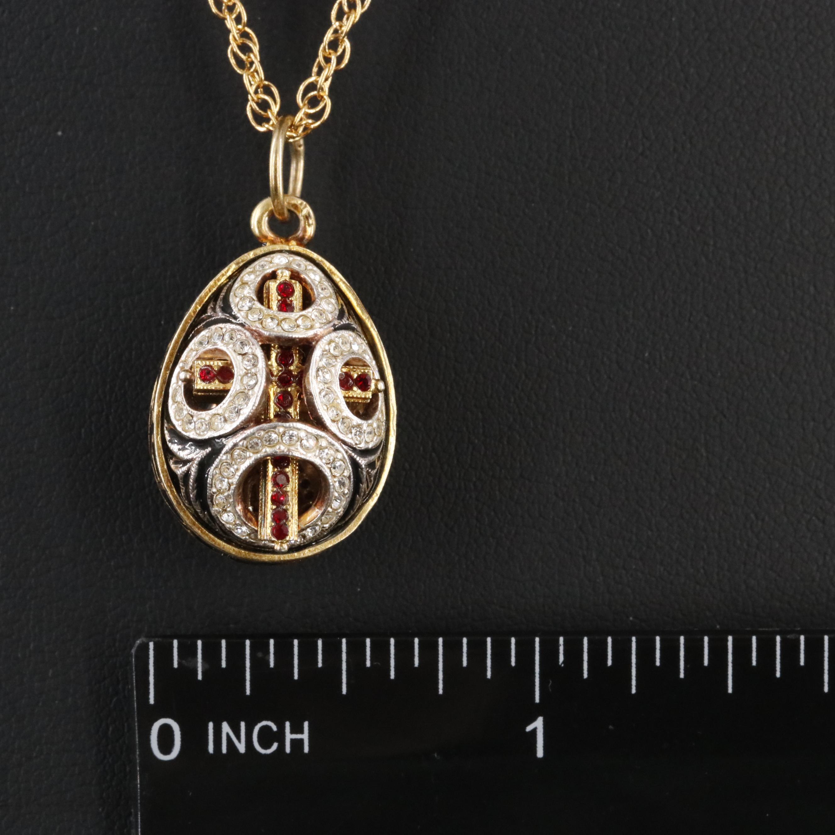 Sterling Enamel and Rhinestone Egg Cross Pendant Necklace