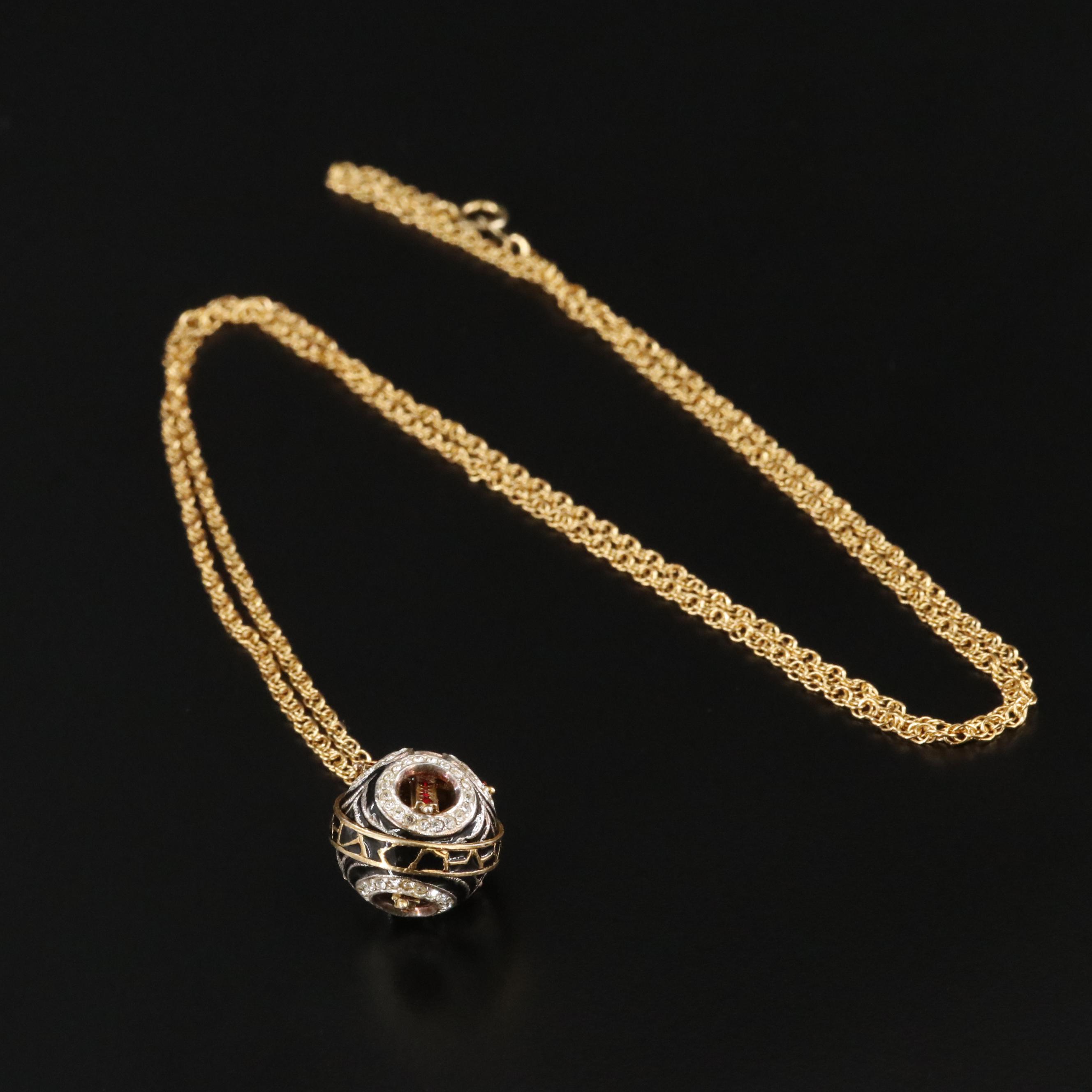 Sterling Enamel and Rhinestone Egg Cross Pendant Necklace