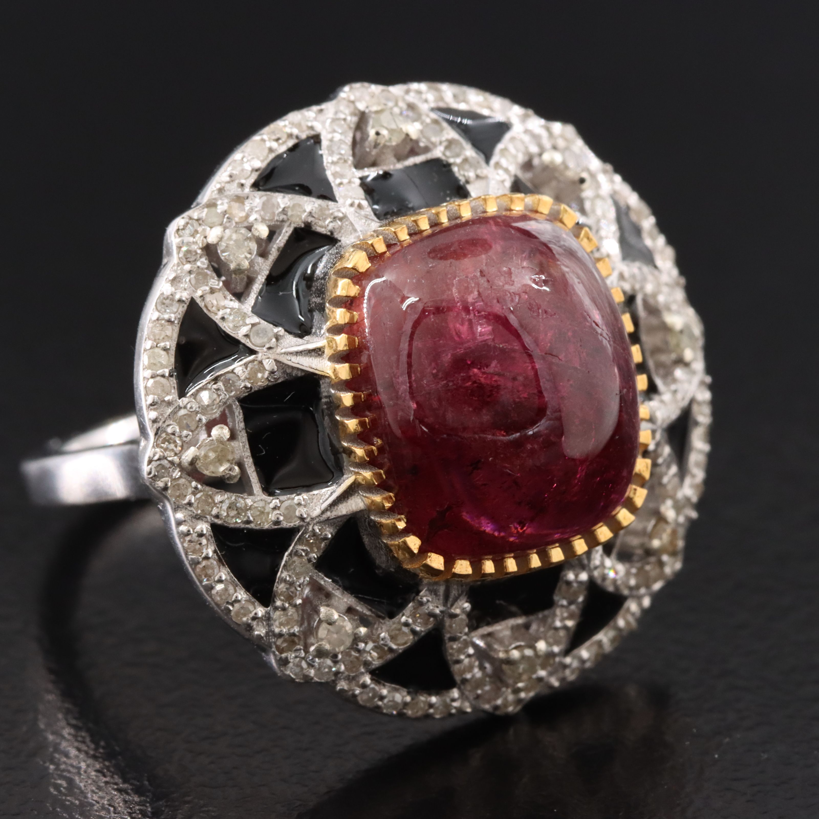 Sterling Tourmaline, Diamond and Enamel Ring