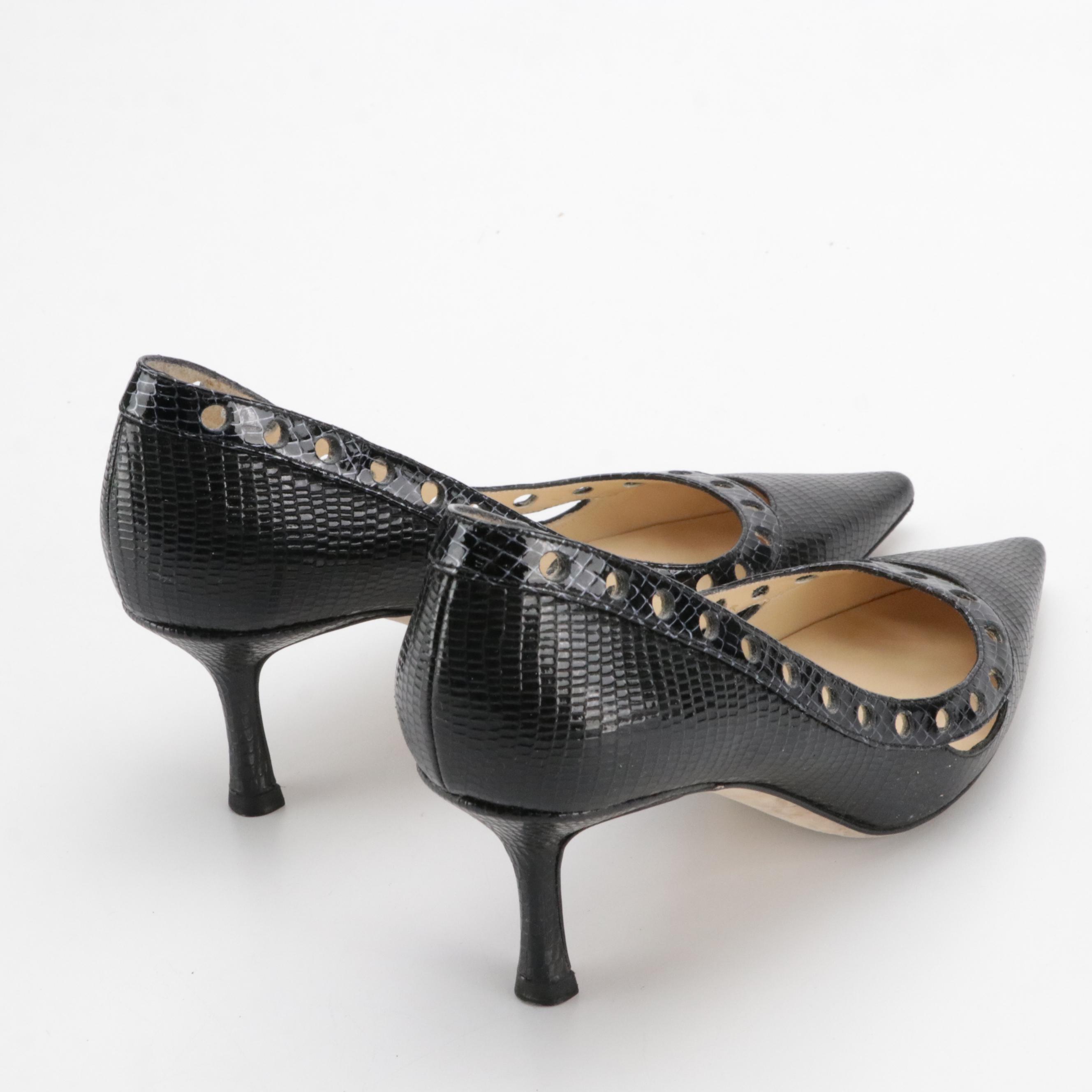 Jimmy Choo Black Lizard Embossed Leather Perforated Pumps with Box