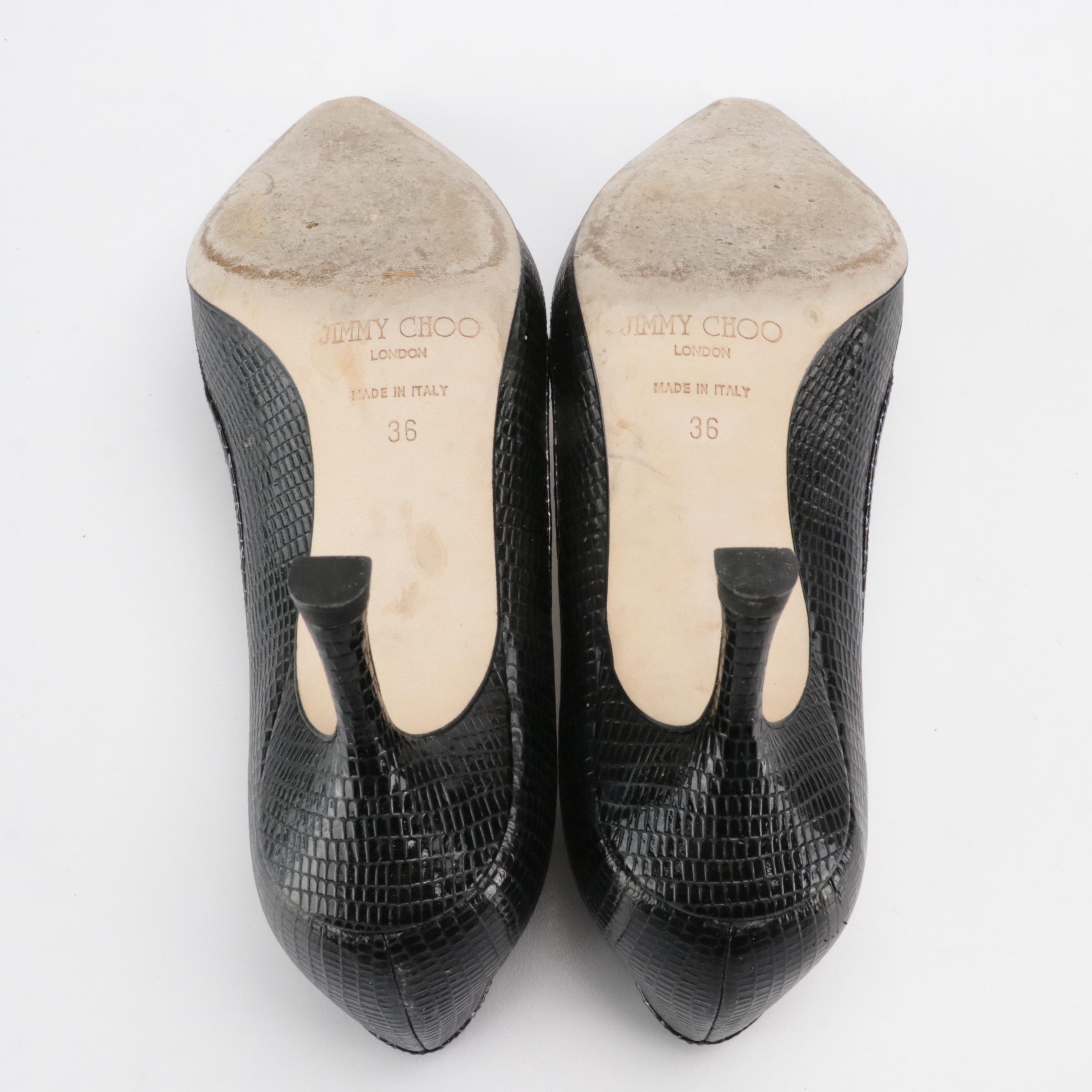 Jimmy Choo Black Lizard Embossed Leather Perforated Pumps with Box