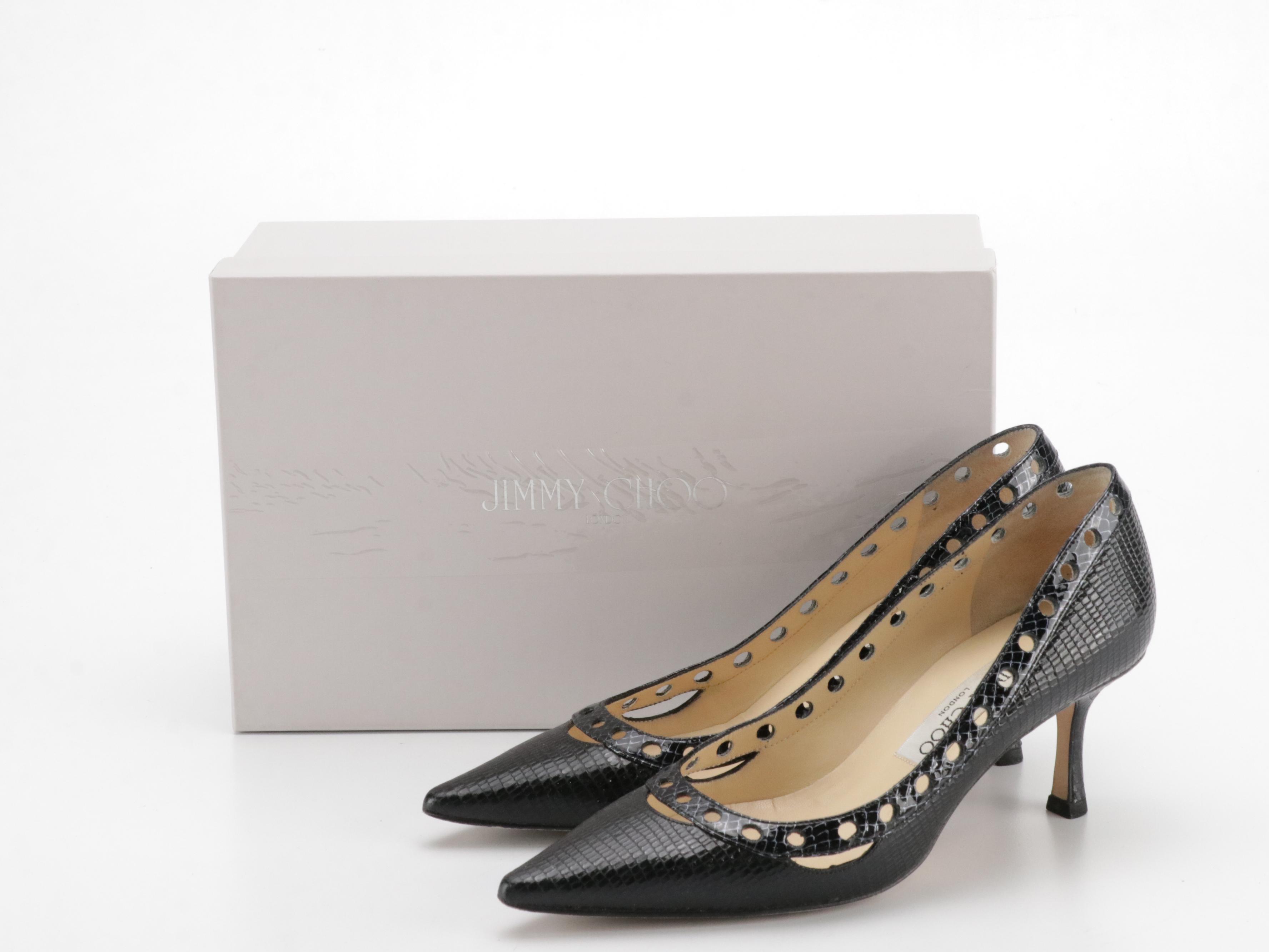 Jimmy Choo Black Lizard Embossed Leather Perforated Pumps with Box