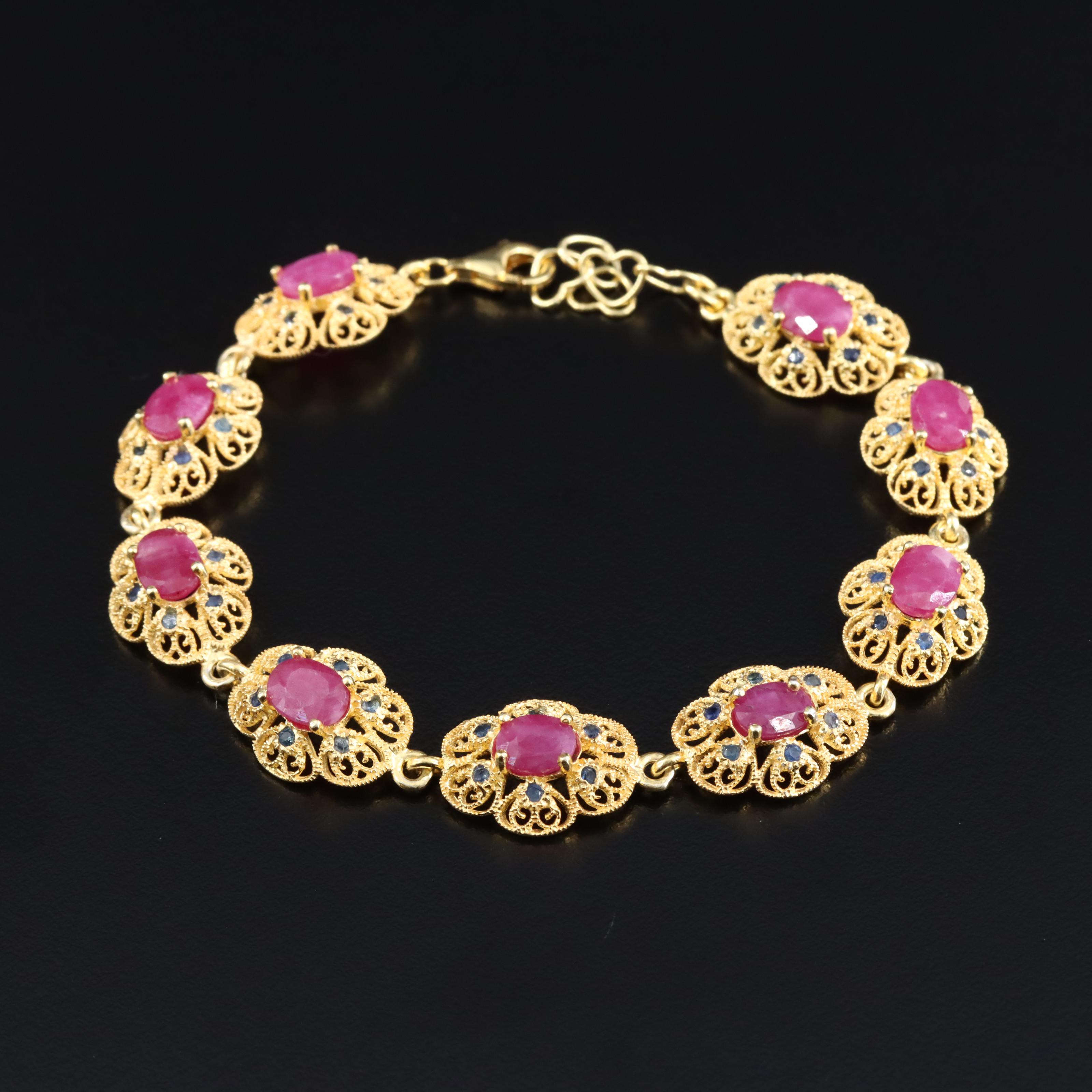 Sterling Ruby and Sapphire Filigree Bracelet