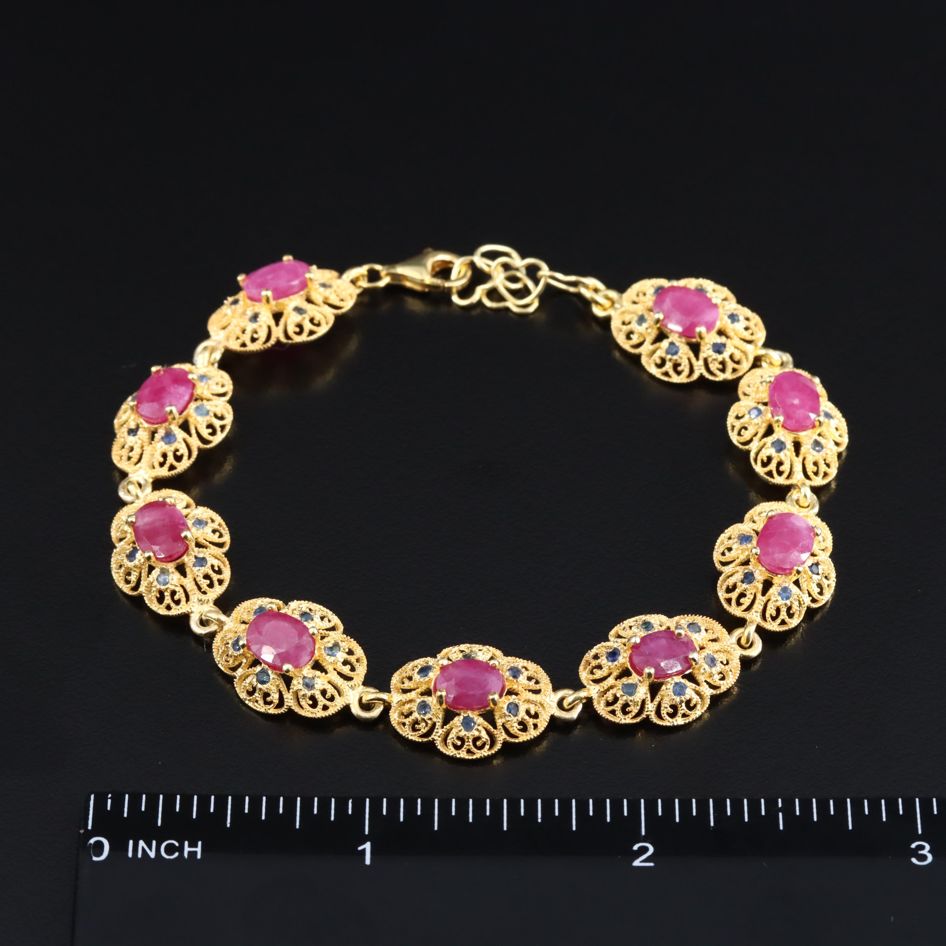 Sterling Ruby and Sapphire Filigree Bracelet