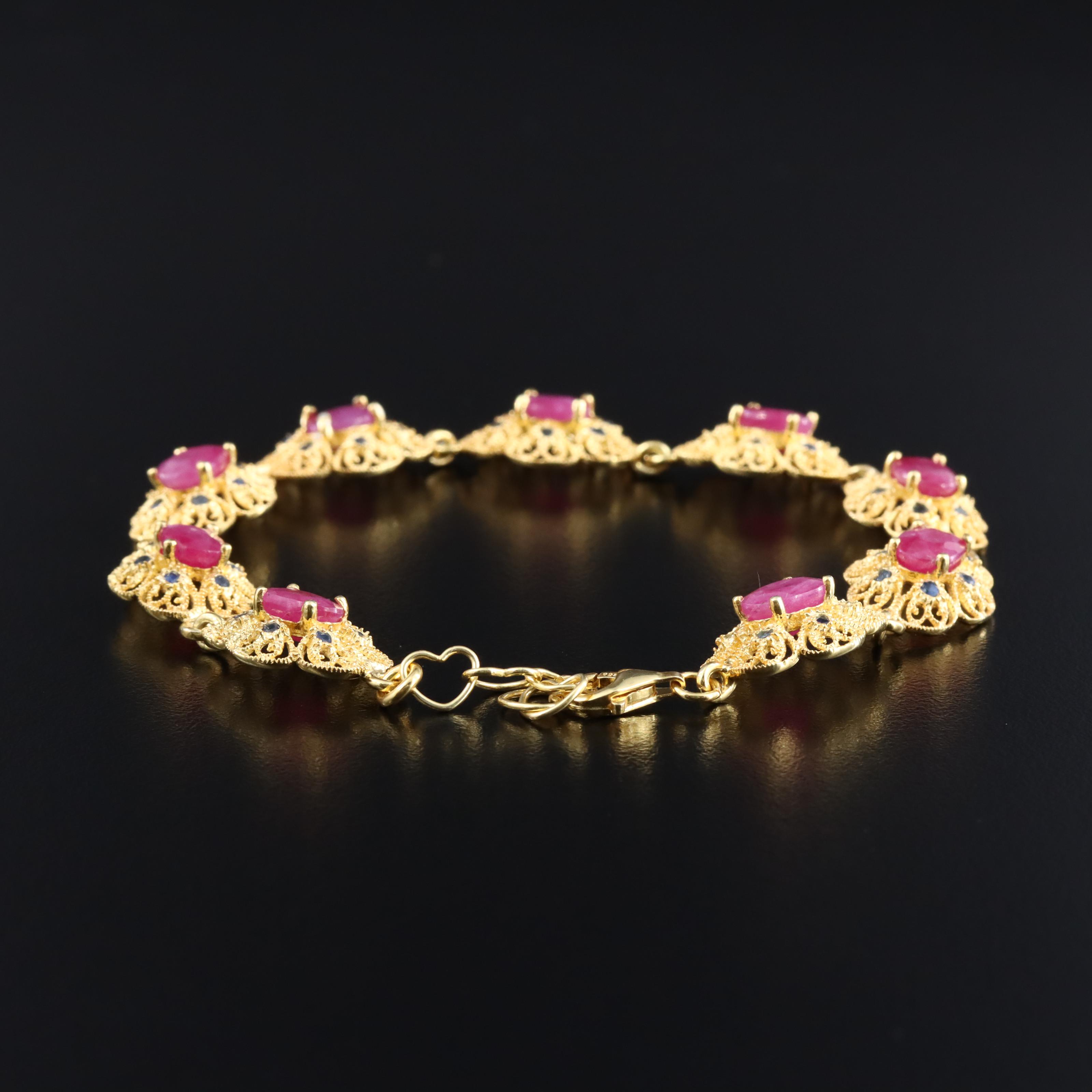 Sterling Ruby and Sapphire Filigree Bracelet