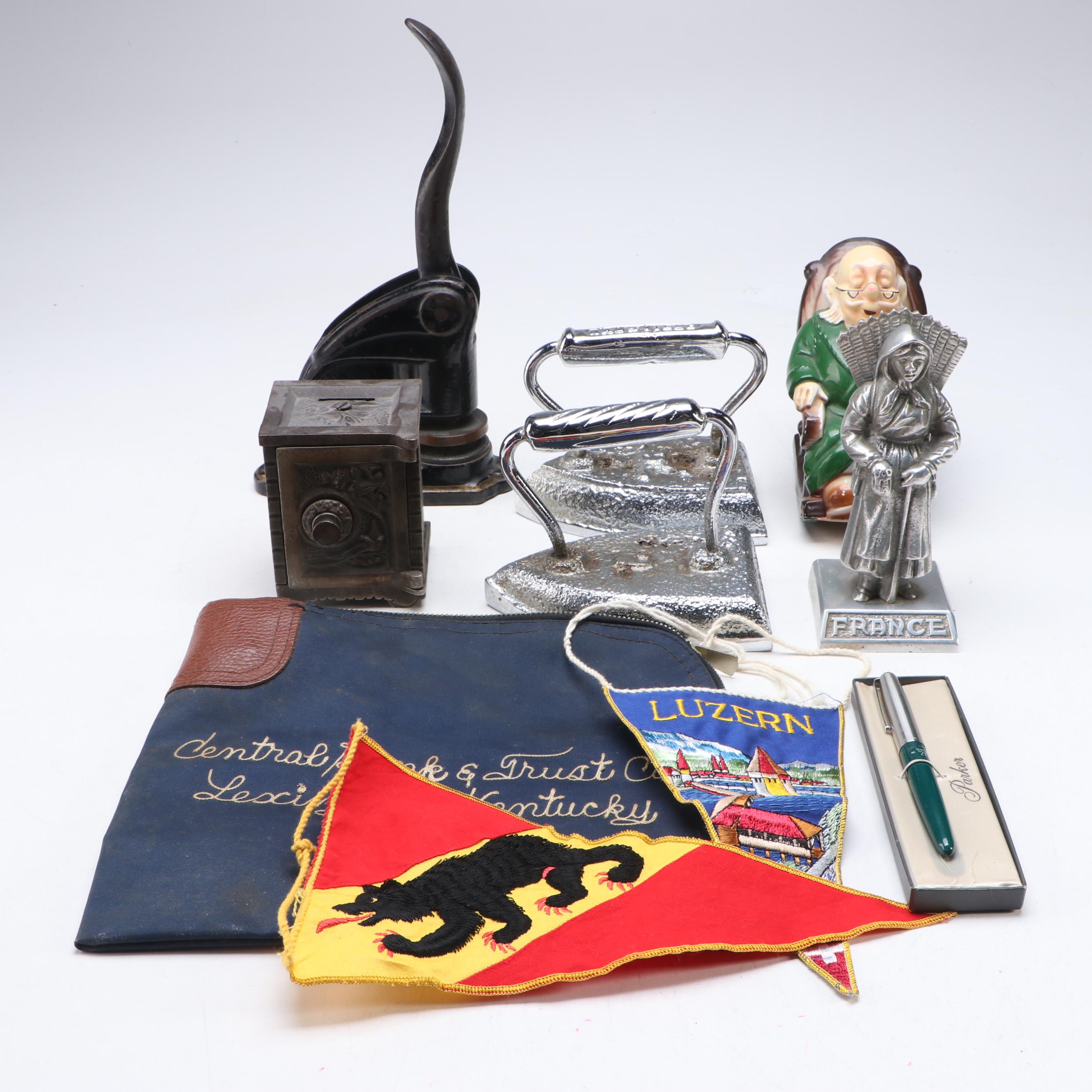 "Retirement Fund" Figural Ceramic Coin Bank, Swiss Pennant Flags and More