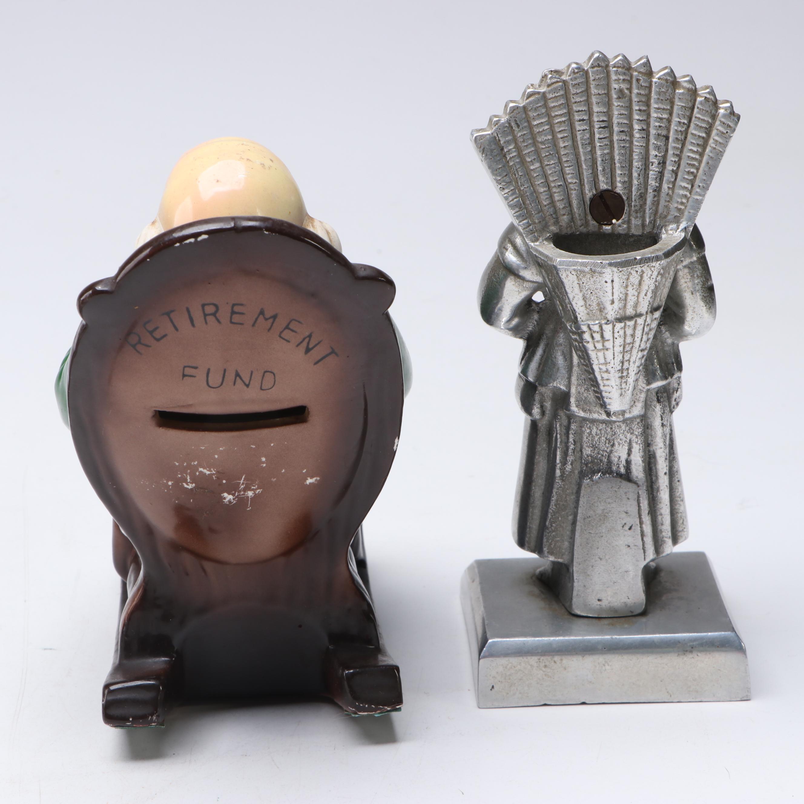 "Retirement Fund" Figural Ceramic Coin Bank, Swiss Pennant Flags and More