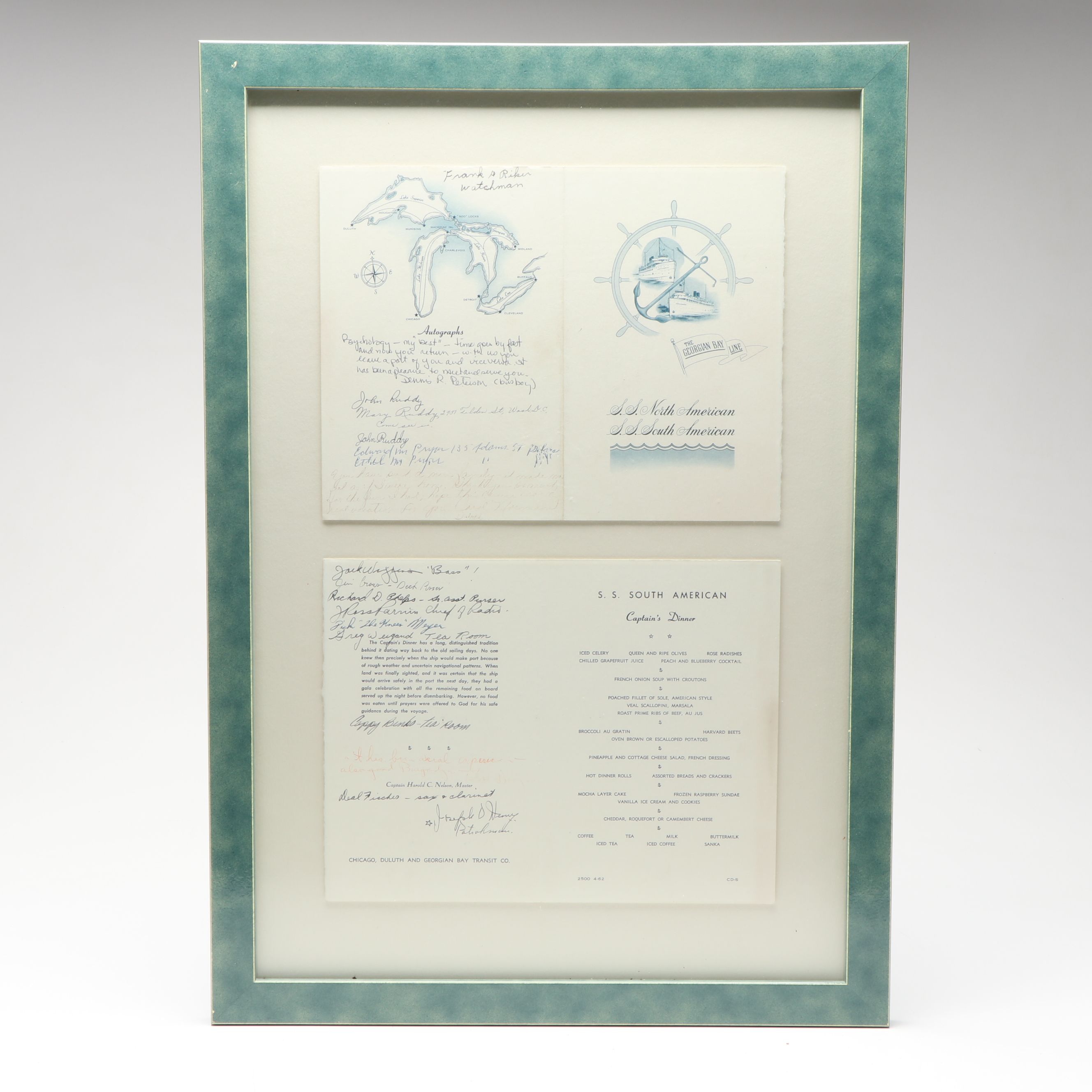 The Georgian Bay Line S.S. South American Dinner Menu, 1962