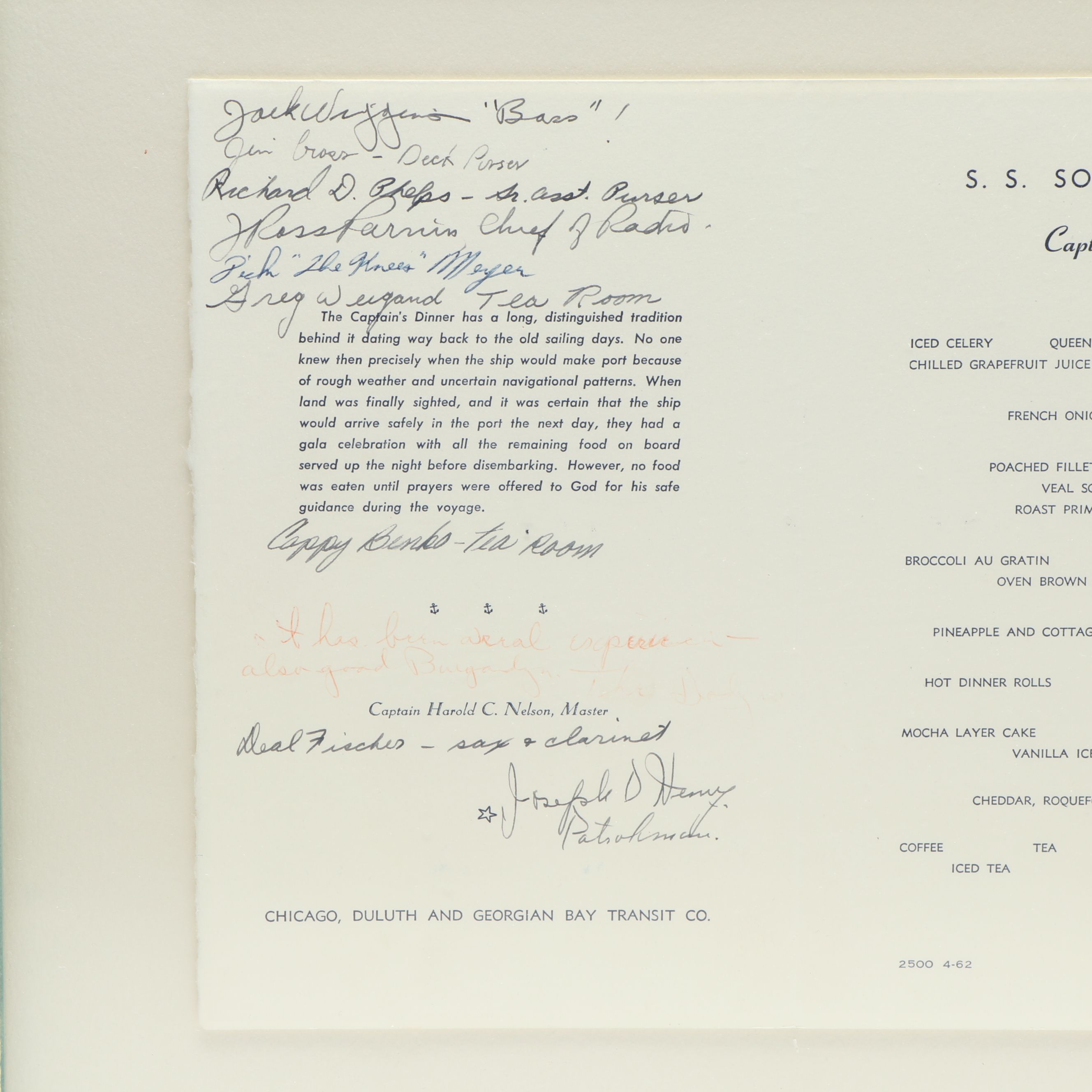 The Georgian Bay Line S.S. South American Dinner Menu, 1962