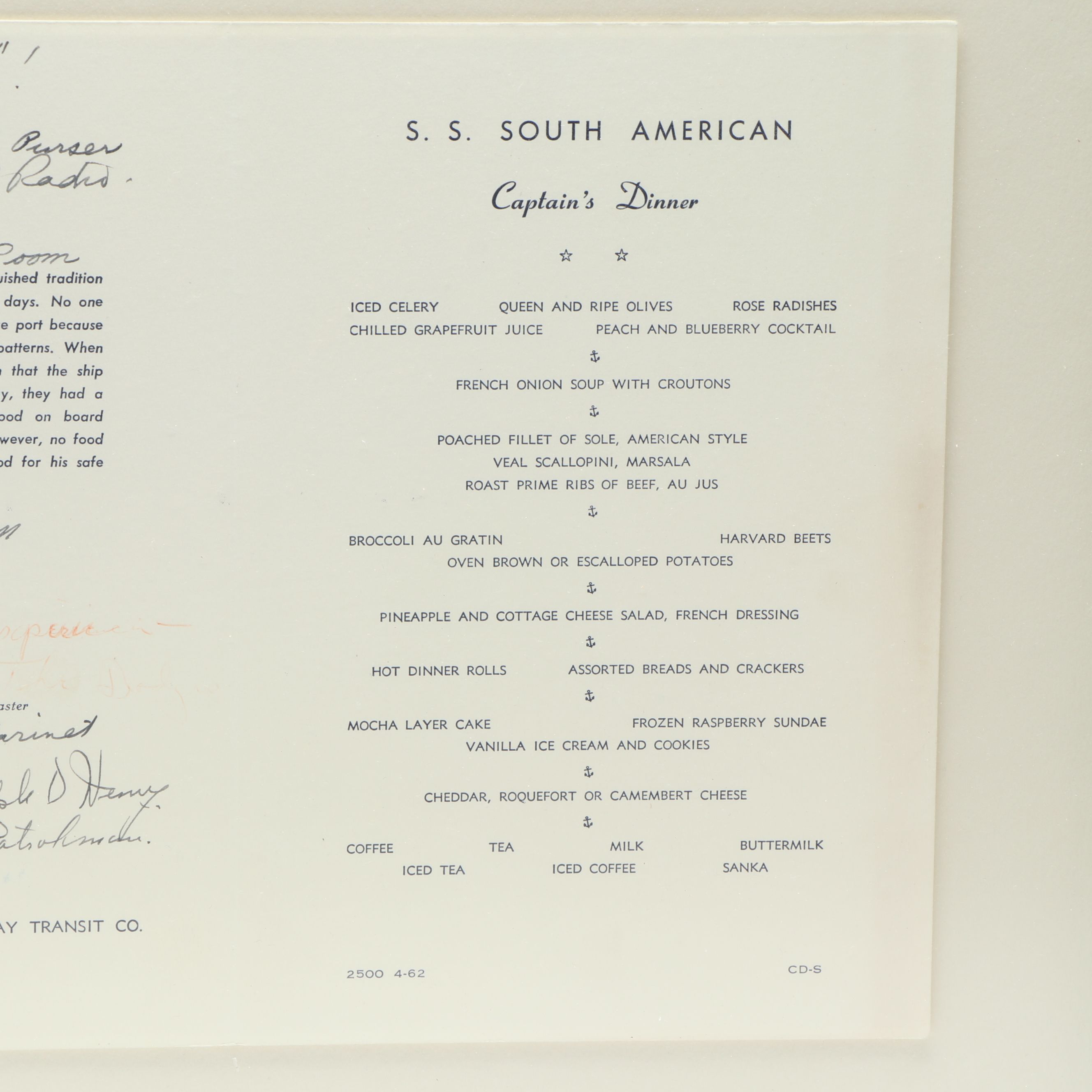 The Georgian Bay Line S.S. South American Dinner Menu, 1962