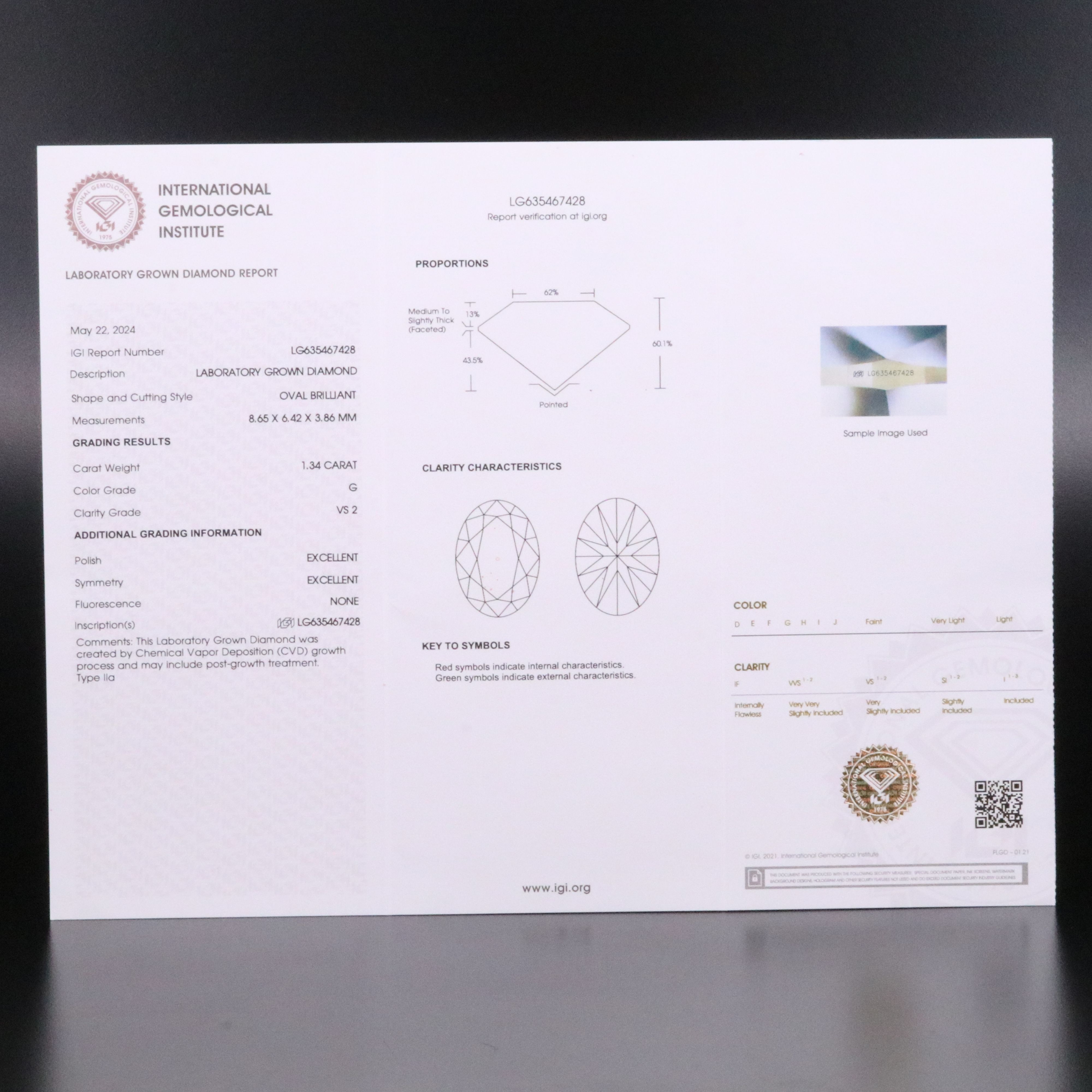 Loose 1.34 CT Lab Grown Diamond with IGI Report