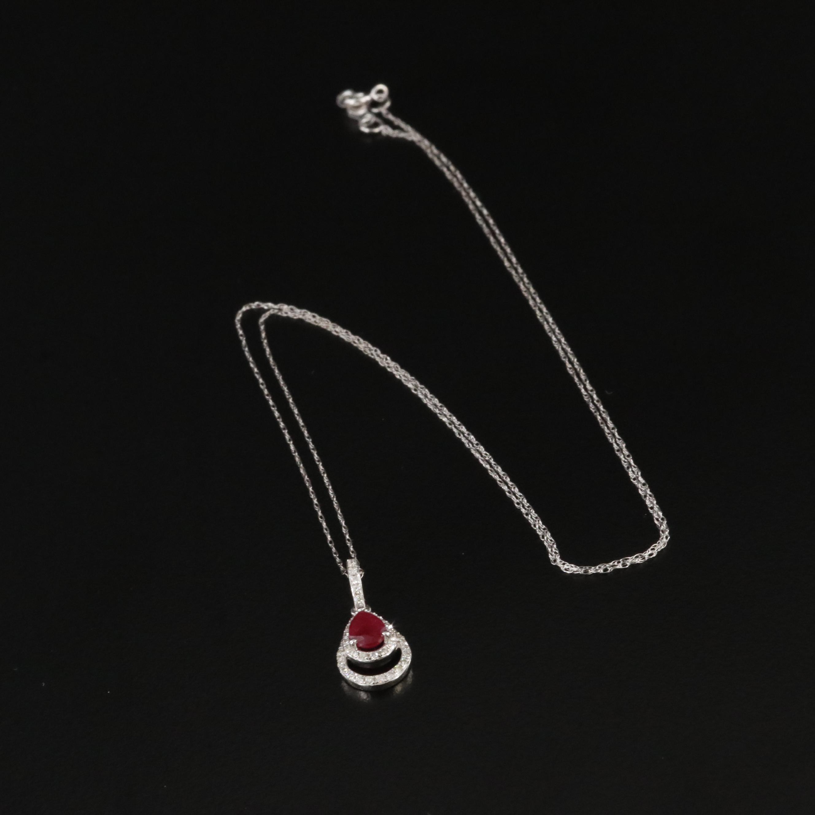 14K Ruby and Diamond Drop Pendant Necklace