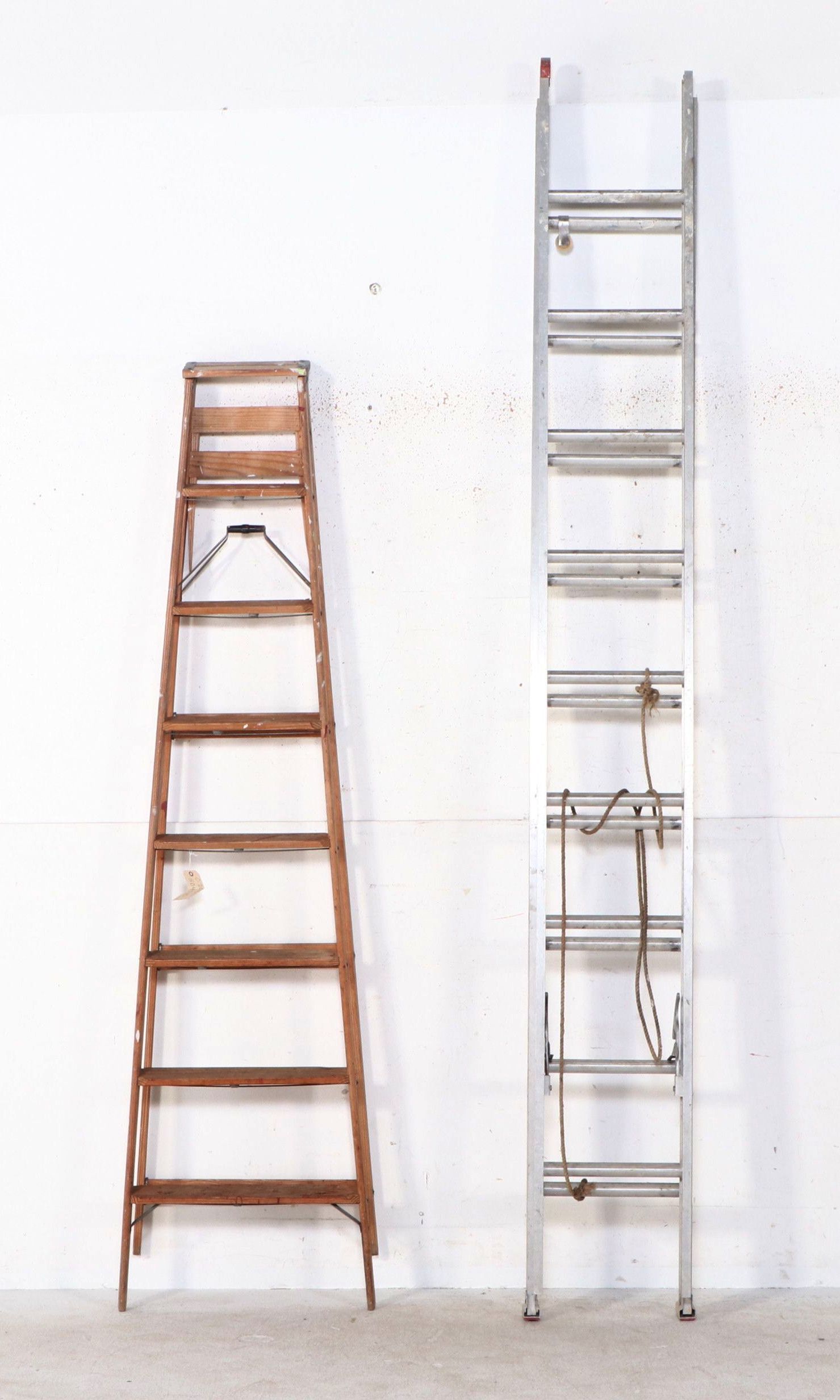 Aluminum Extension Ladder and Wood Step Ladder