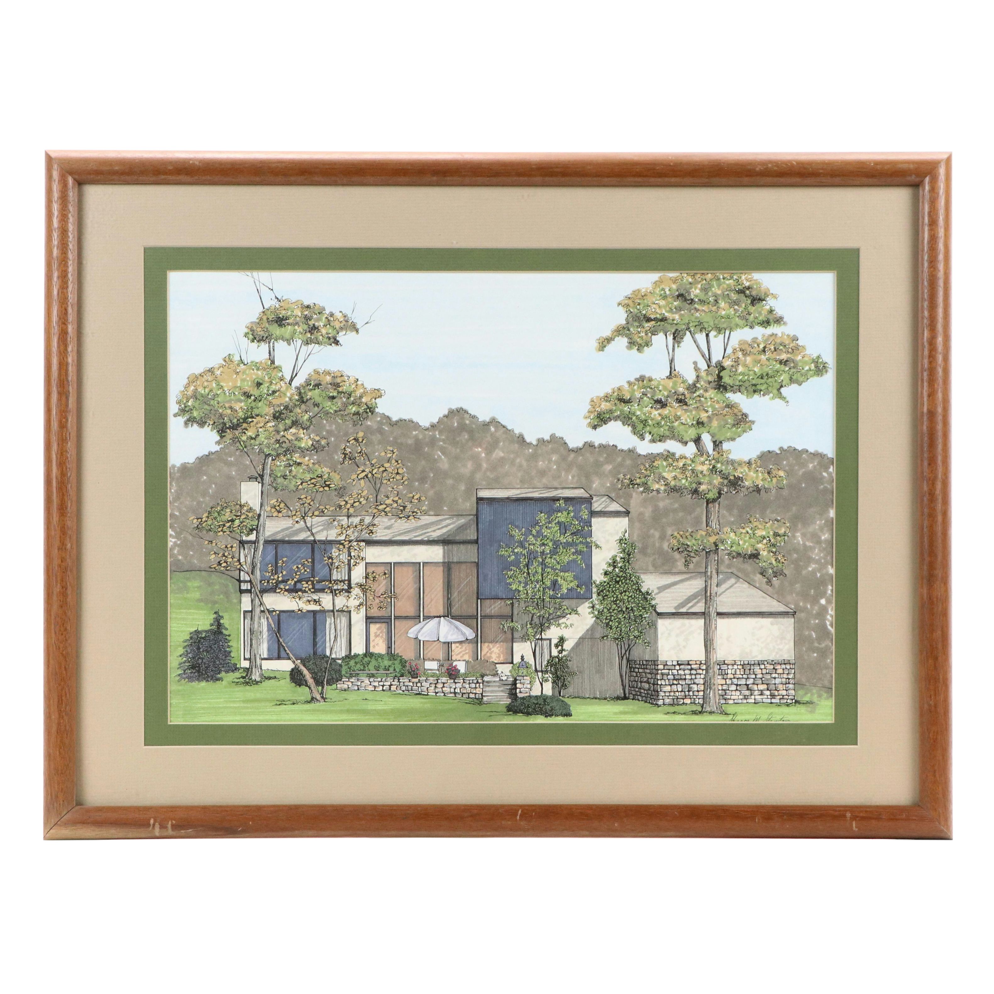 Architectural Ink and Watercolor Painting