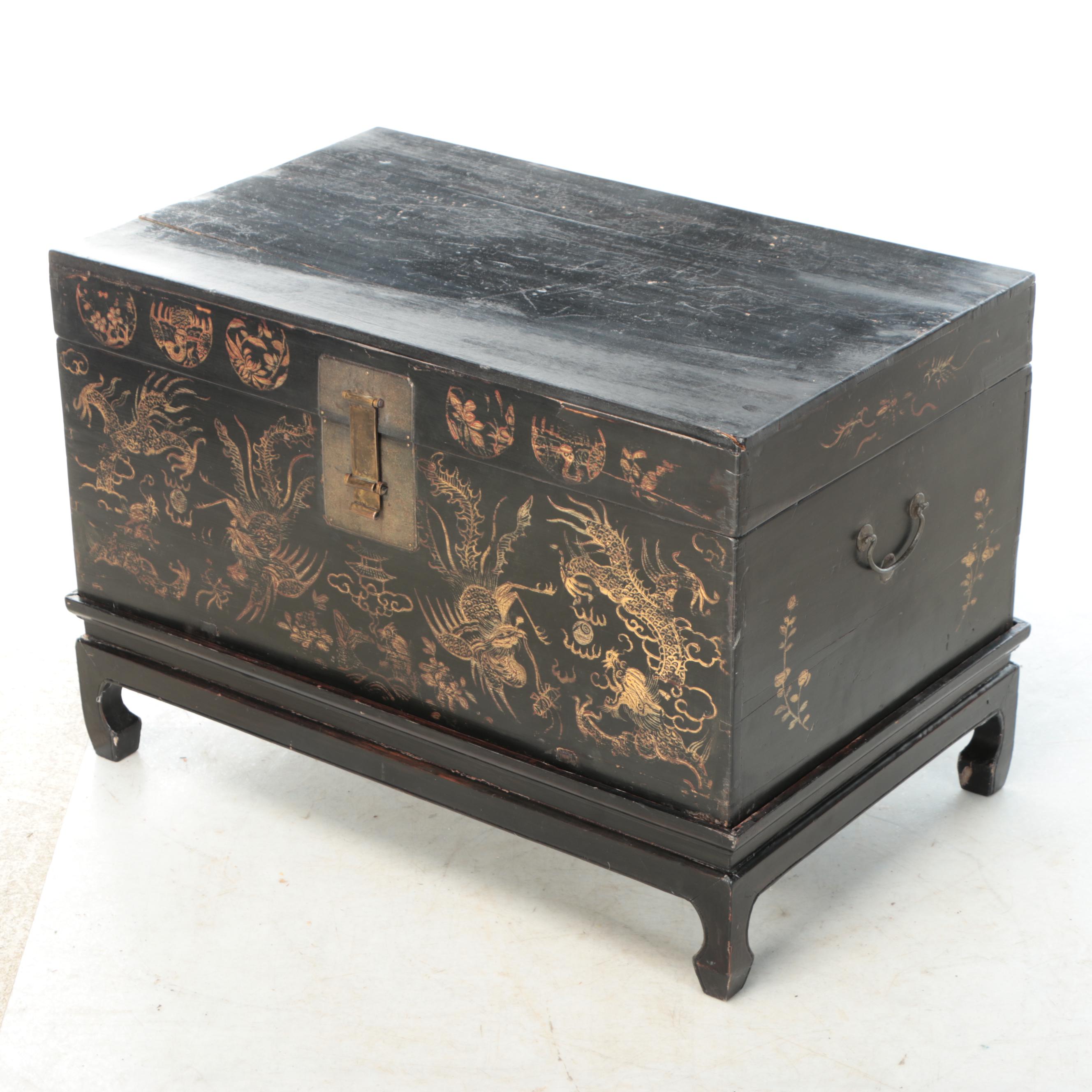 Chinese Black Finish with Gold Gilt Wood Chest on Stand