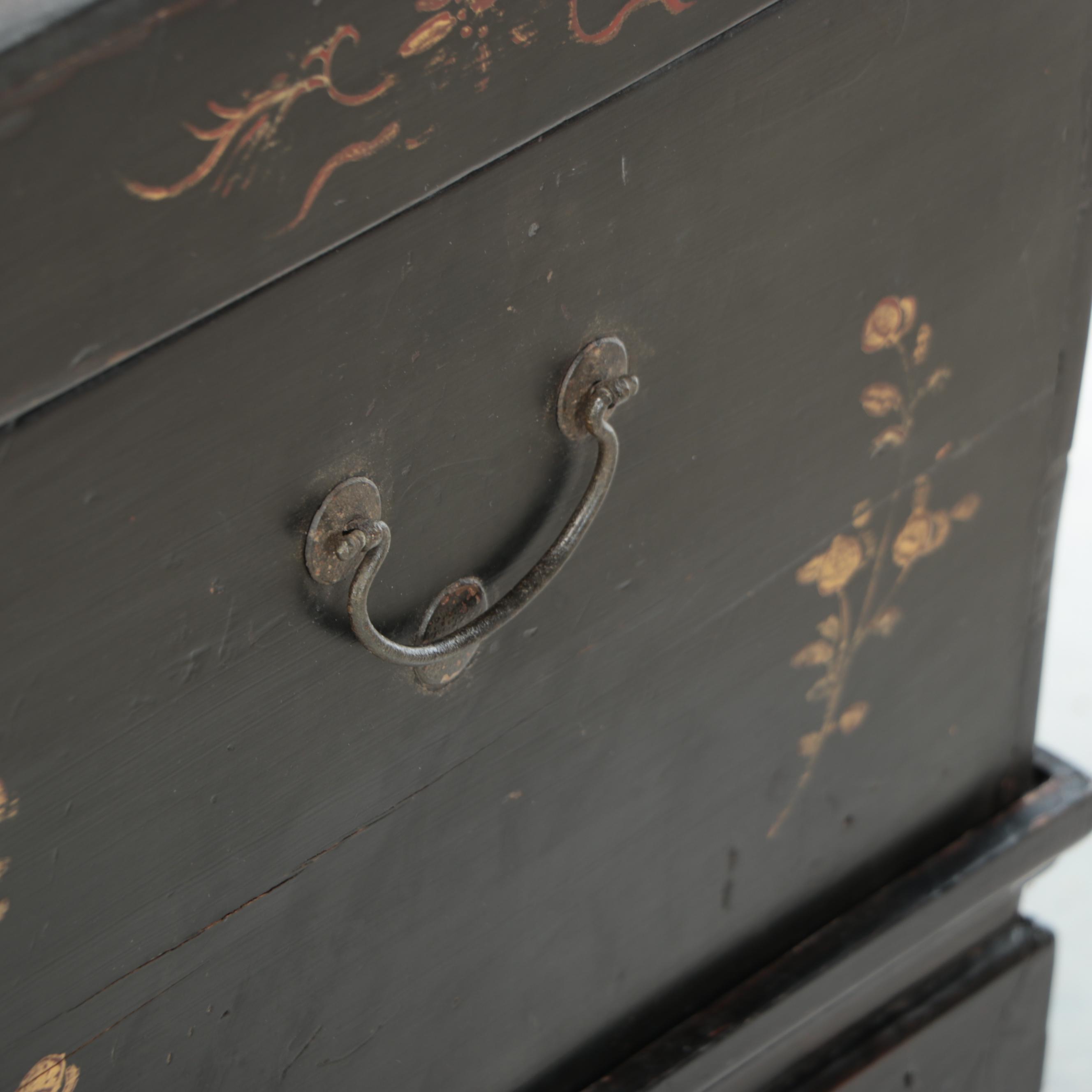 Chinese Black Finish with Gold Gilt Wood Chest on Stand