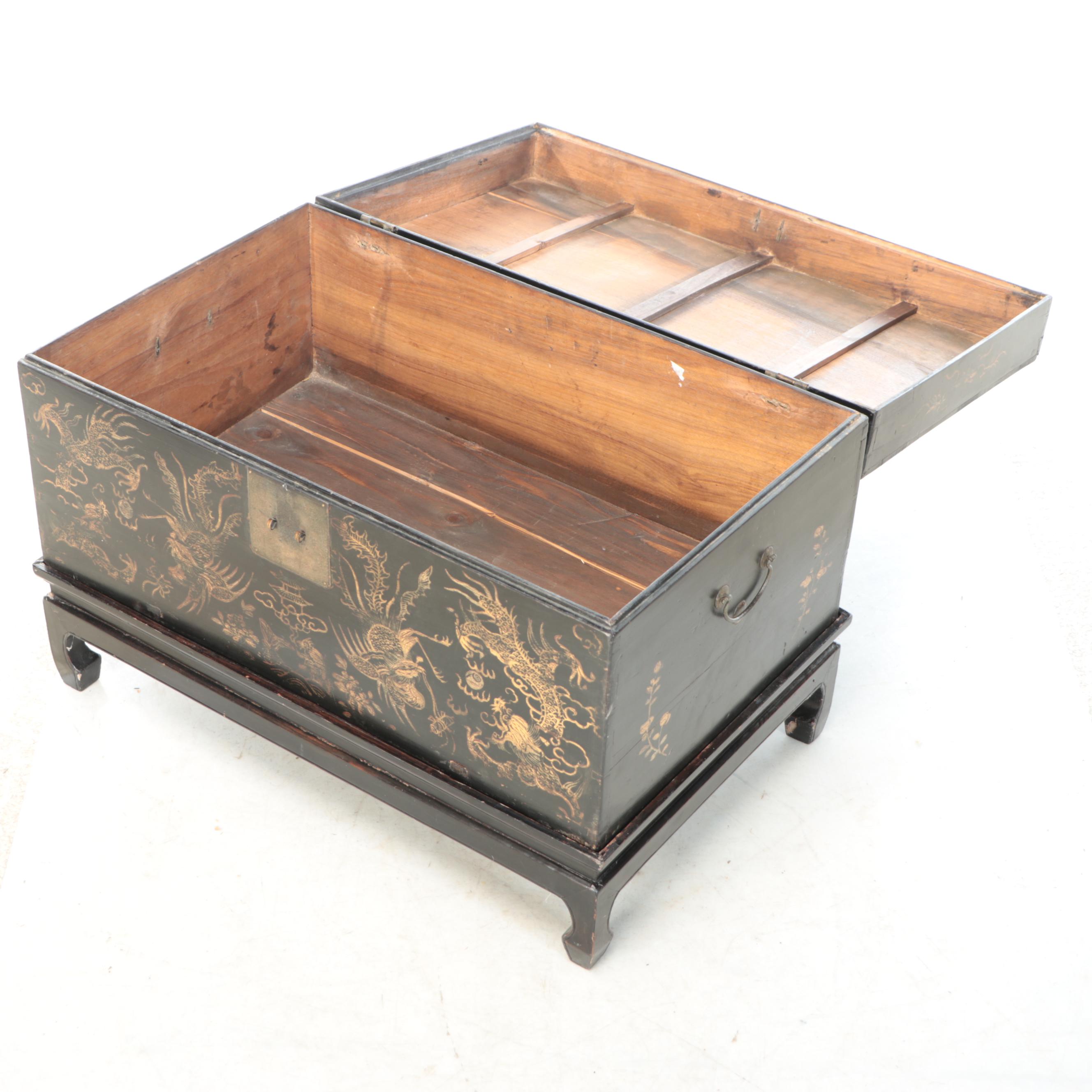 Chinese Black Finish with Gold Gilt Wood Chest on Stand