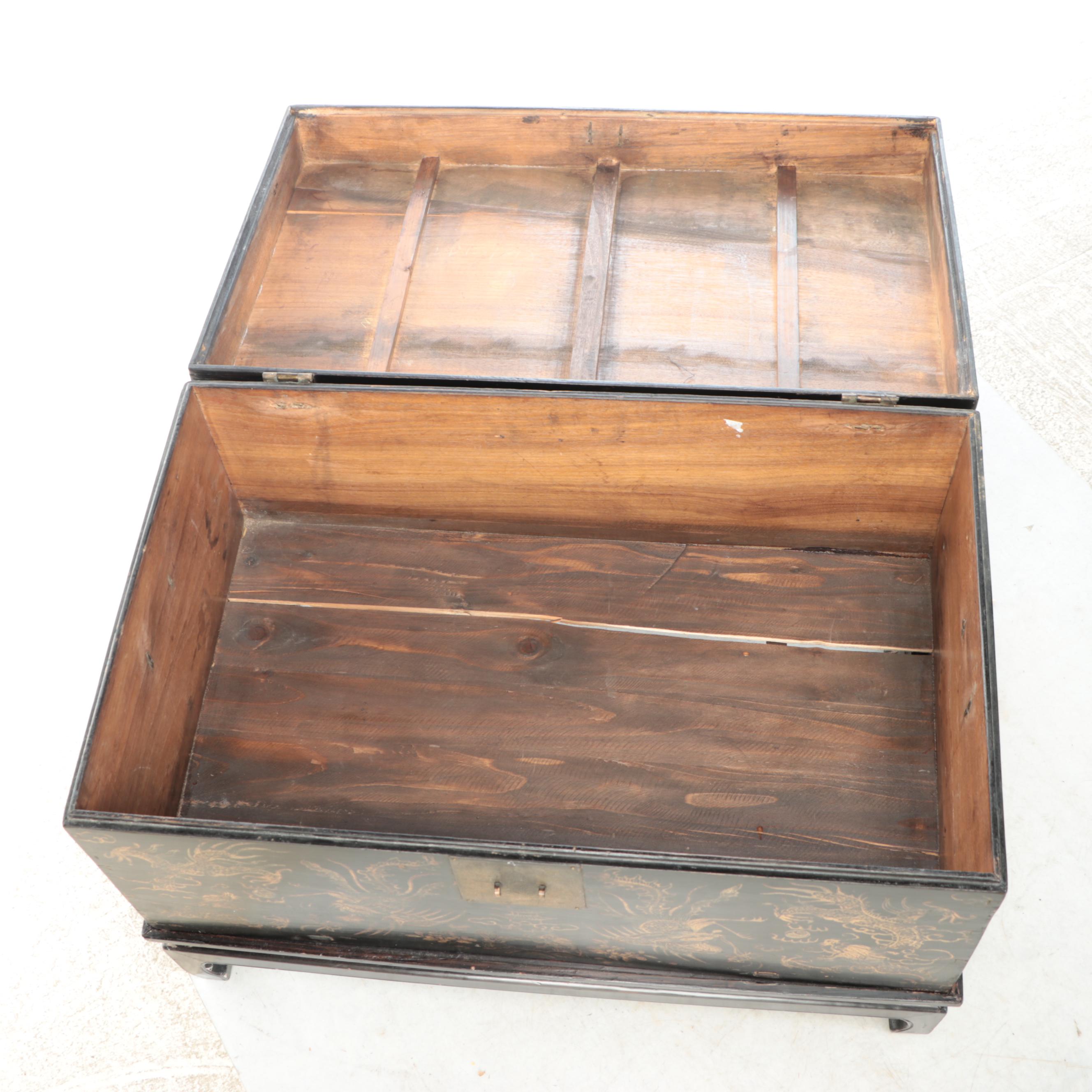 Chinese Black Finish with Gold Gilt Wood Chest on Stand
