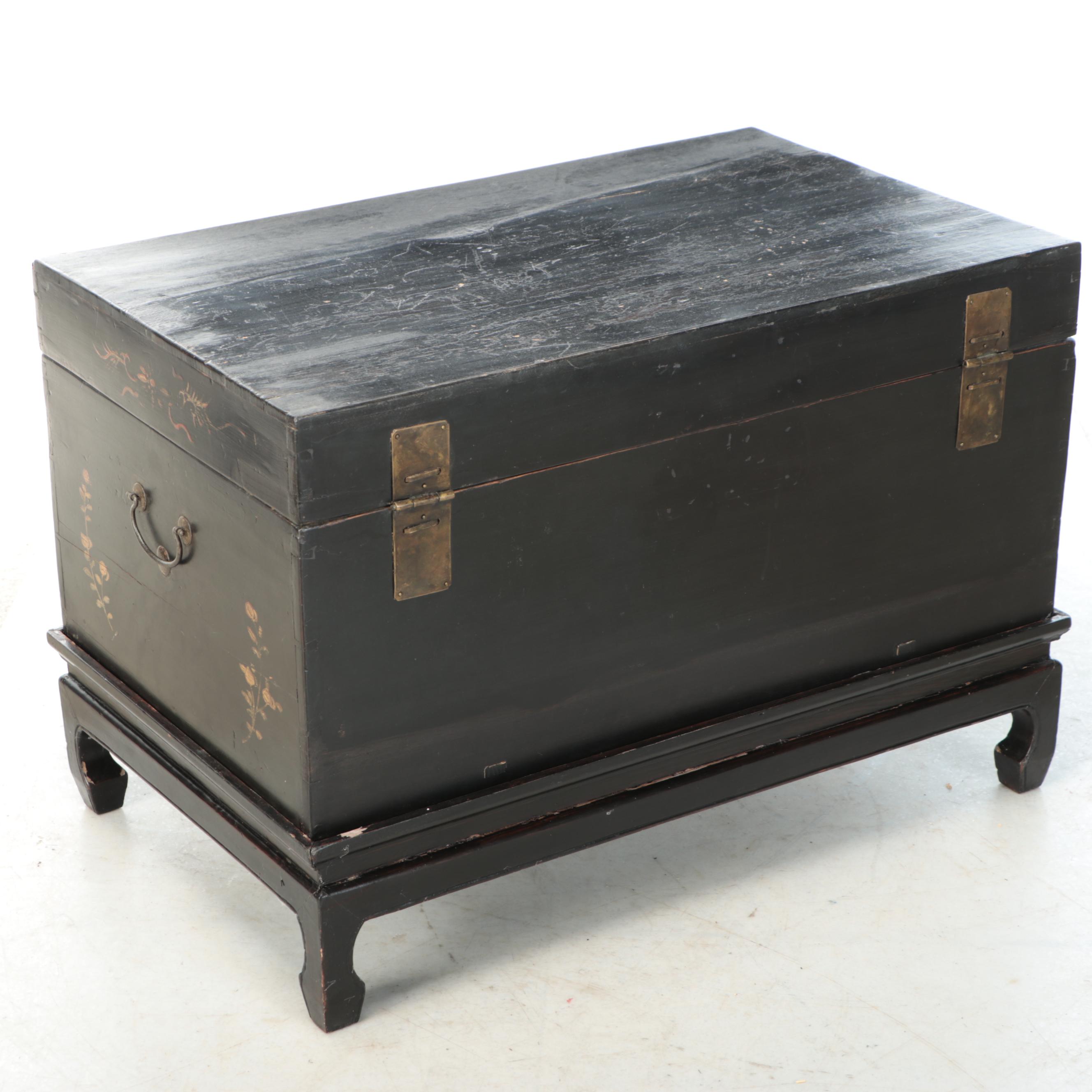 Chinese Black Finish with Gold Gilt Wood Chest on Stand