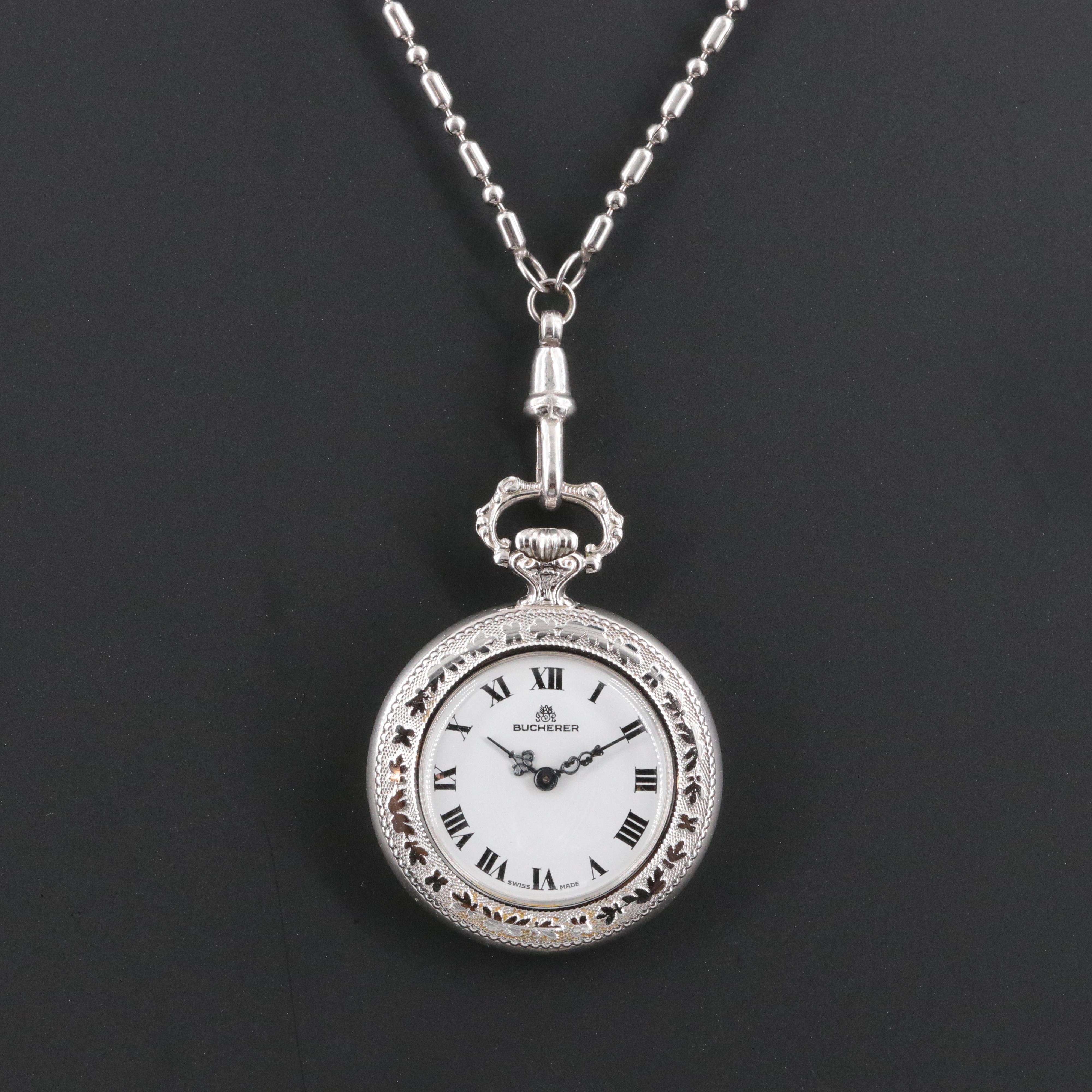 Bucherer Swiss Stainless Steel Floral Pendant Watch