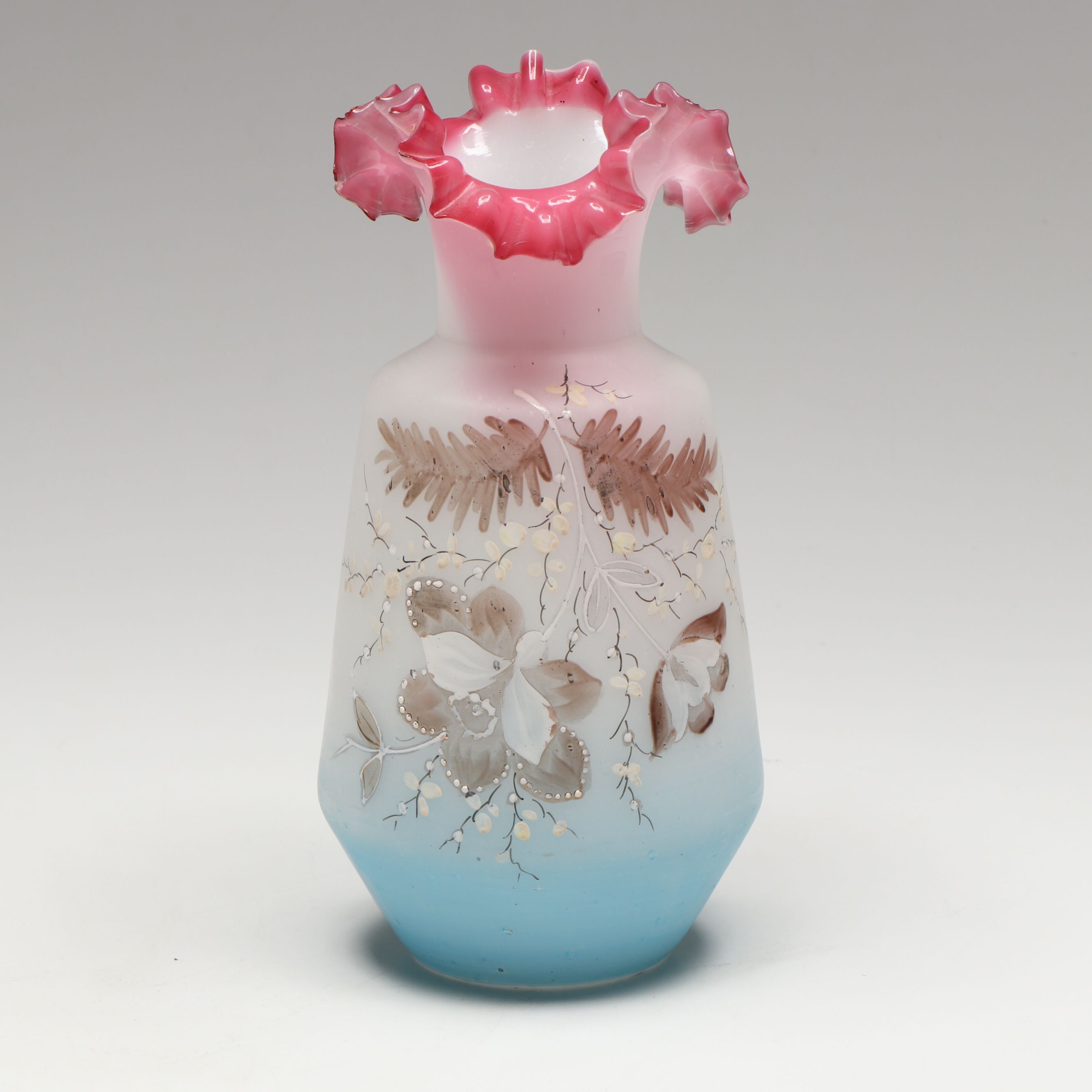 Victorian Bristol Style Hand-Painted Ruffle Rim Glass Vase
