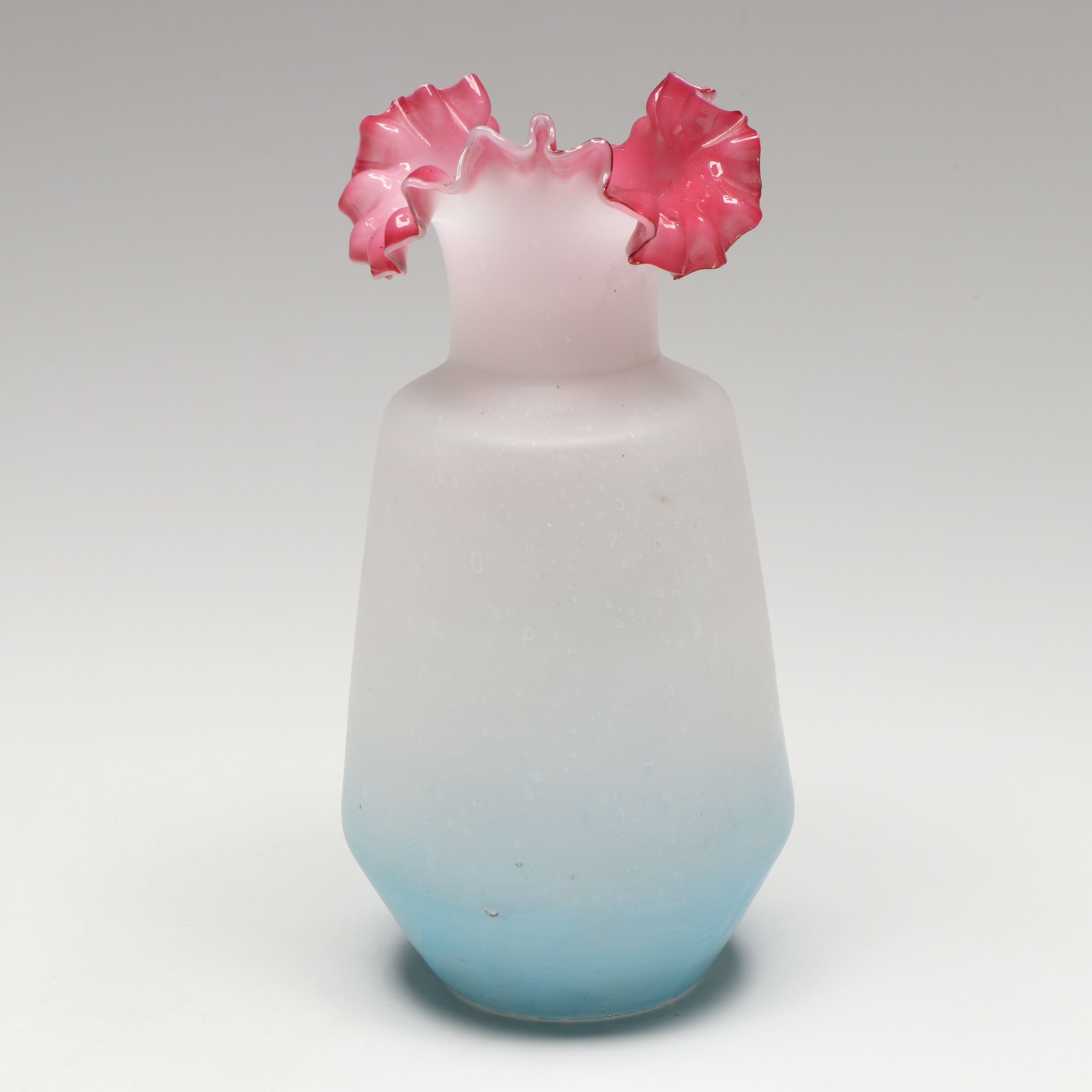 Victorian Bristol Style Hand-Painted Ruffle Rim Glass Vase